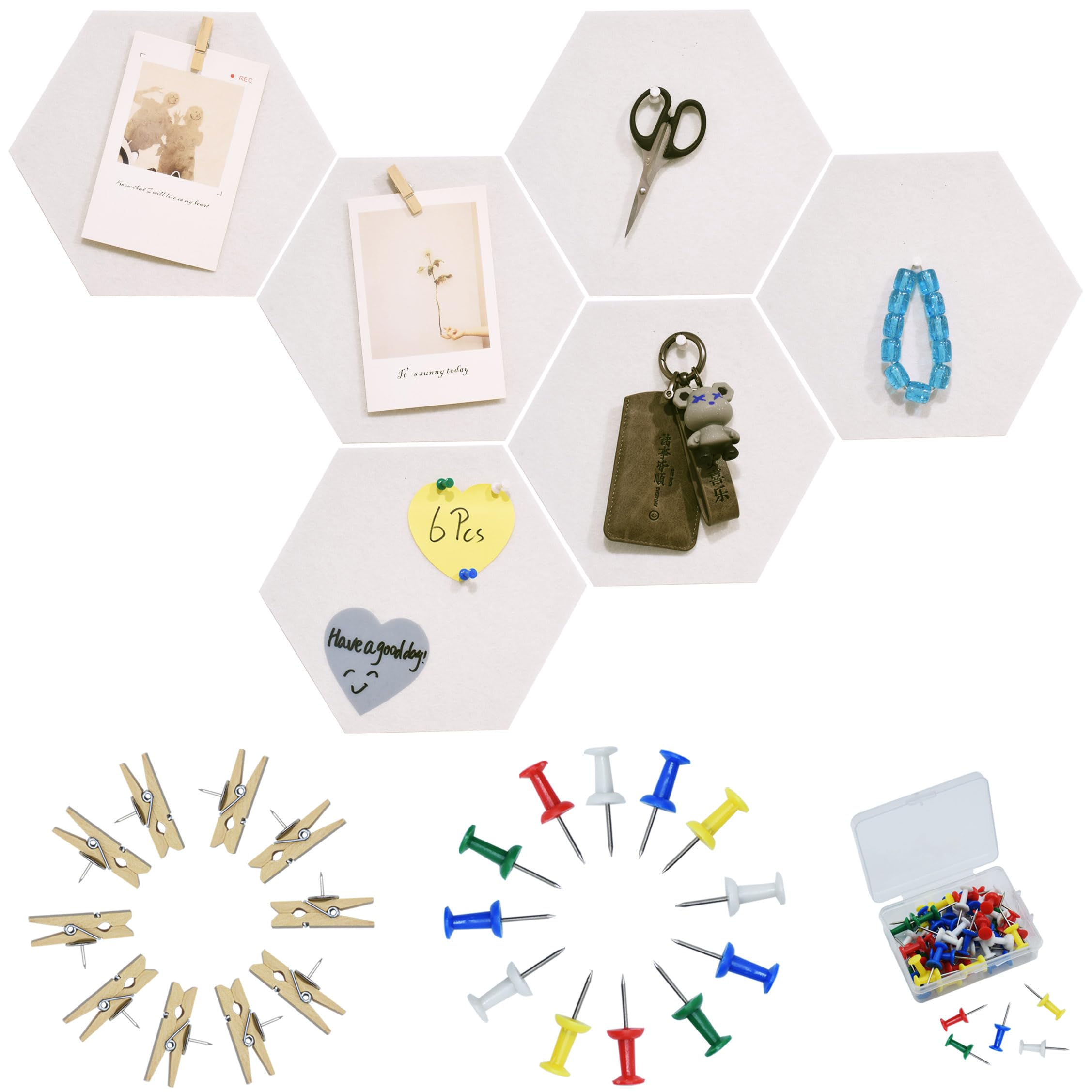 Youdeful 6Pcs White Hexagon Bulletin Board Strips,White Felt Pin Board Bar Strips With 50 Pushpins, Self-Adhesive Felt Cork Boar