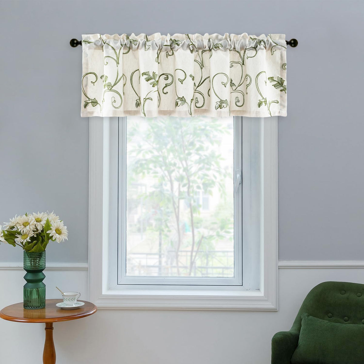 Vogol Leaves Pattern Valances For Kitchen Window, Elegant Linen Textured Decorative Mini Drapes For Cafe Restaurants, Rod Pocket