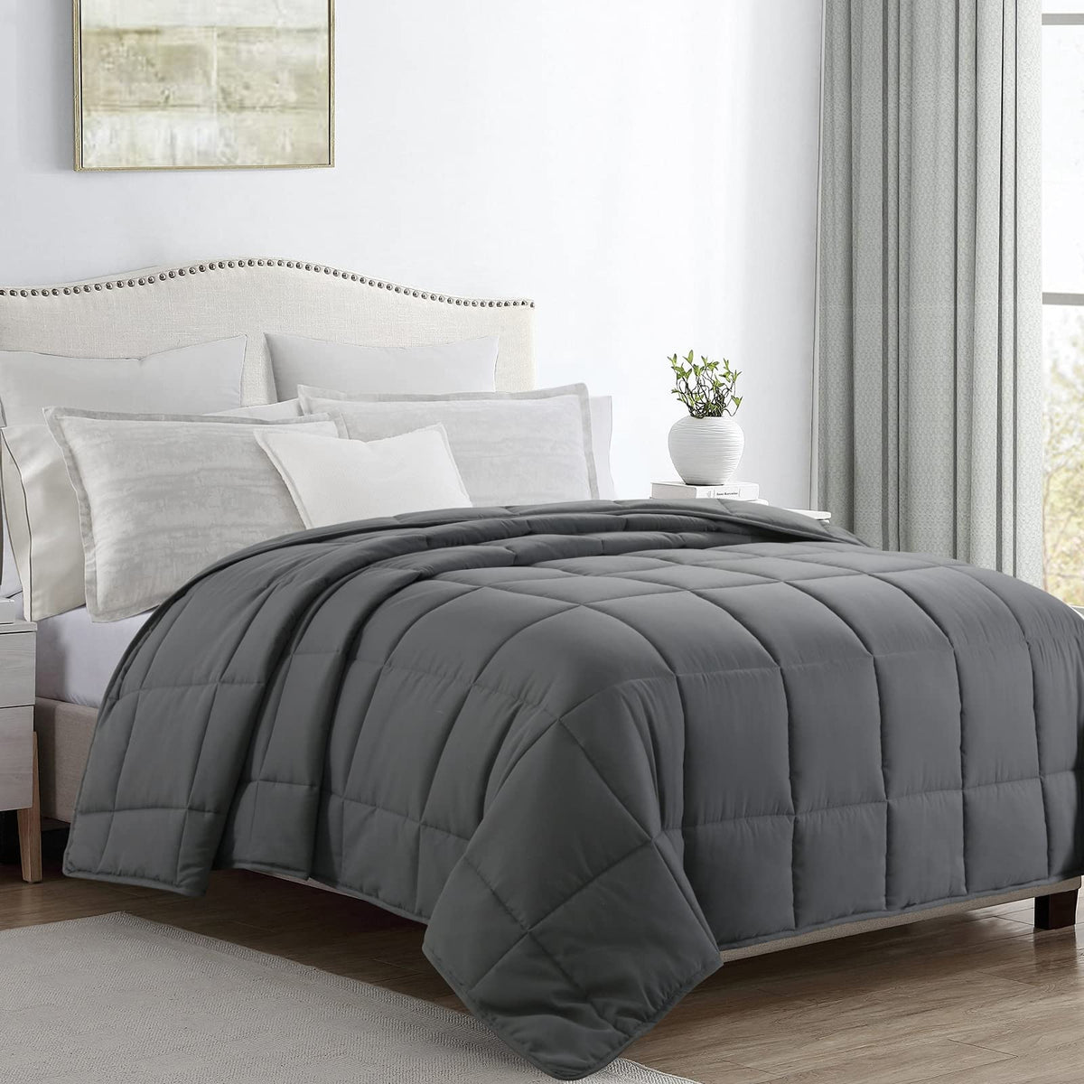 Hombys Oversized King Comforter 120X128 Lightweight Down Alternative Comforter For All Season,Grey Quilted Duvet Insert With 8 C