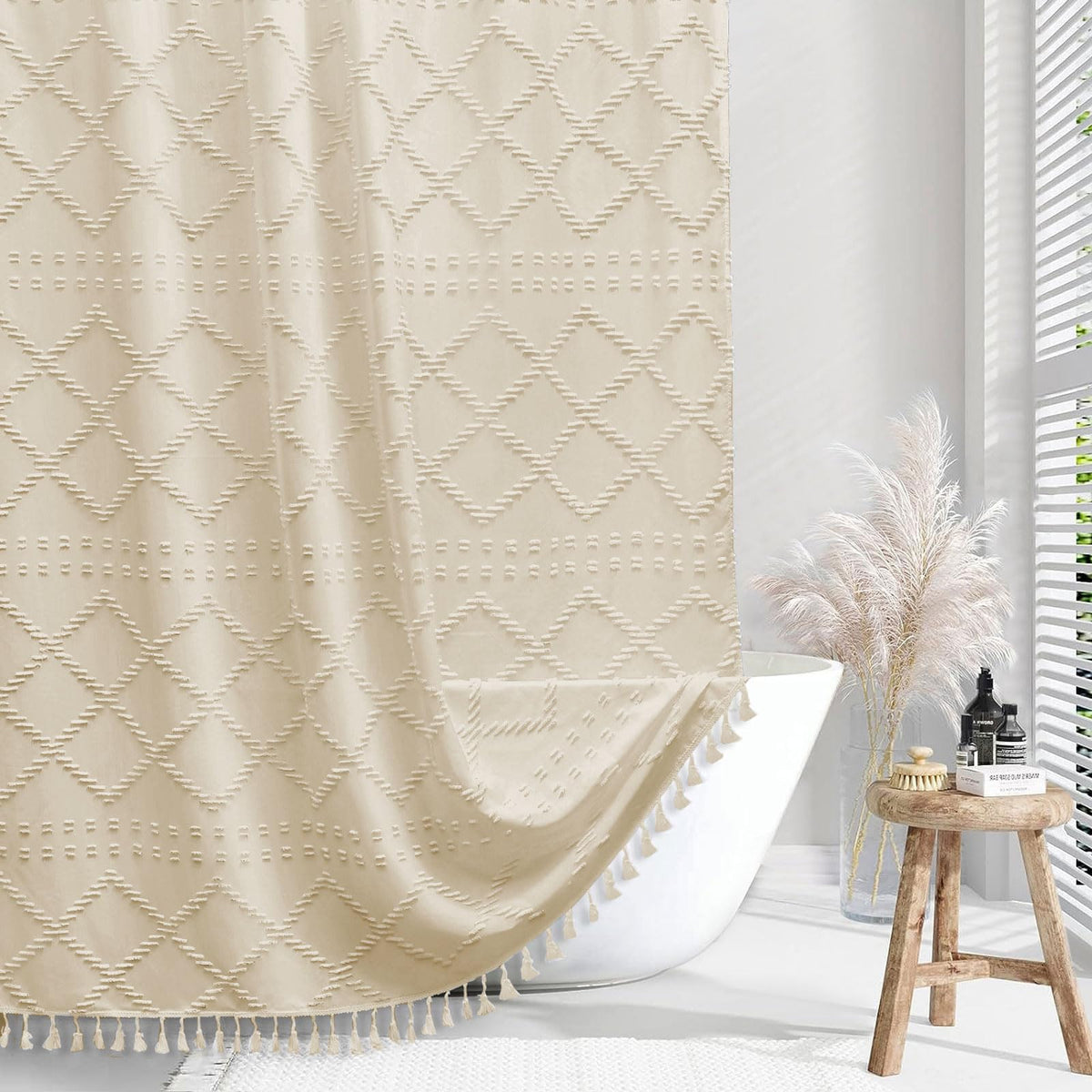 Siiluminisoy Extra Long Boho Farmhouse Shower Curtain Woven Fabric Cream/Beige Shower Curtain, 72 X 78 Tufted Chevron Textured S