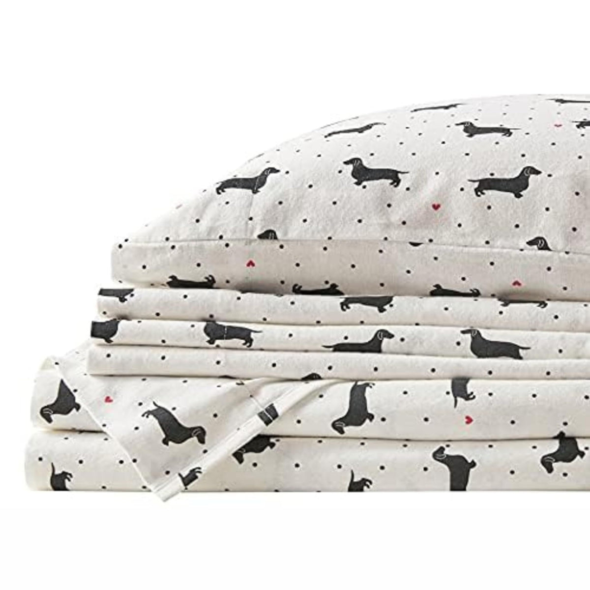 Comfort Spaces Cotton Flannel Breathable Warm, Deep Pocket Sheets With Pillow Case Bedding, Queen, Black Dog 4 Piece