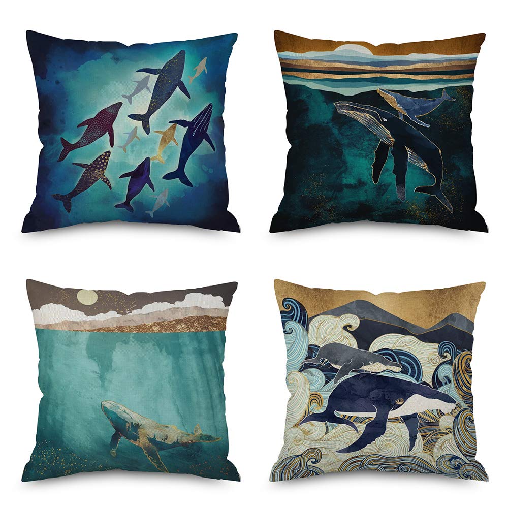 Pack Of 4,Ink Painting Marine Octopus Squid Sea Animals Cotton Linen Decorative Throw Pillow Case Personalized Cushion Cover For