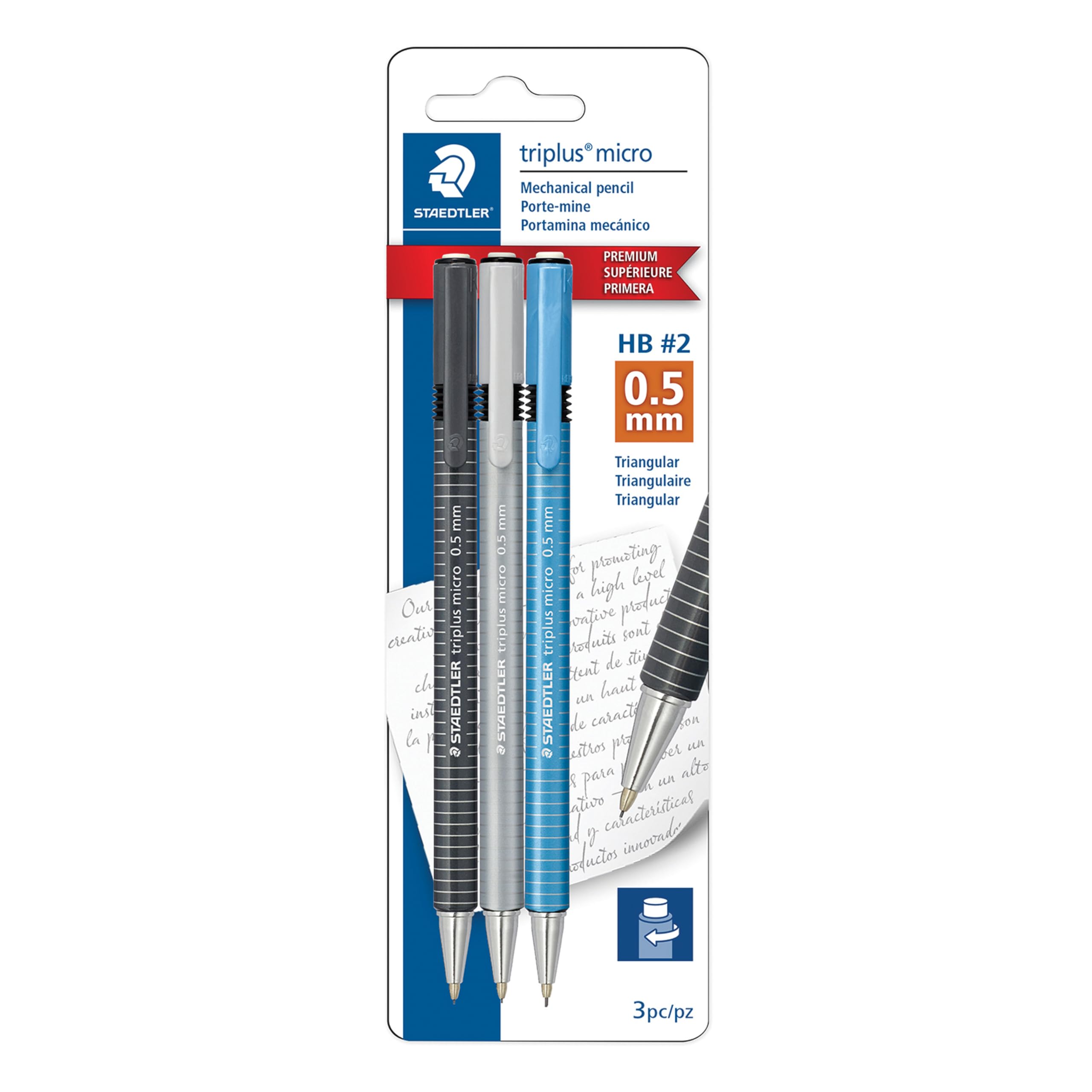 Staedtler Triplus Micro 0.5Mm Lead Retractable Mechanical Pencil With Twist Eraser, Writing, Drawing, Drafting, 3-Pack, 77425Bk3