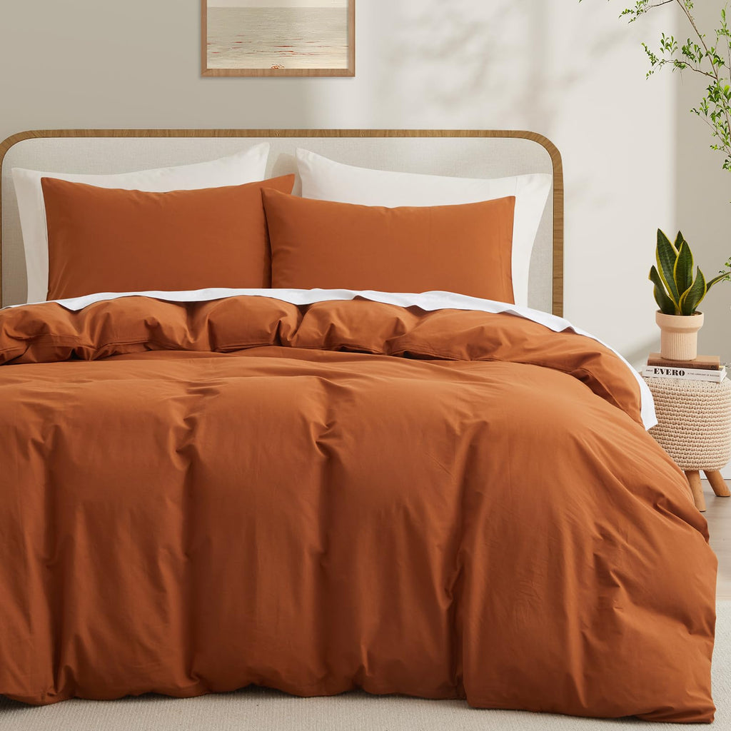 Lovque Burnt Orange Cotton Duvet Cover Queen Size, Linen Like Natural Bedding Set With Zipper Closure (No Comforter), 90X90 Inch