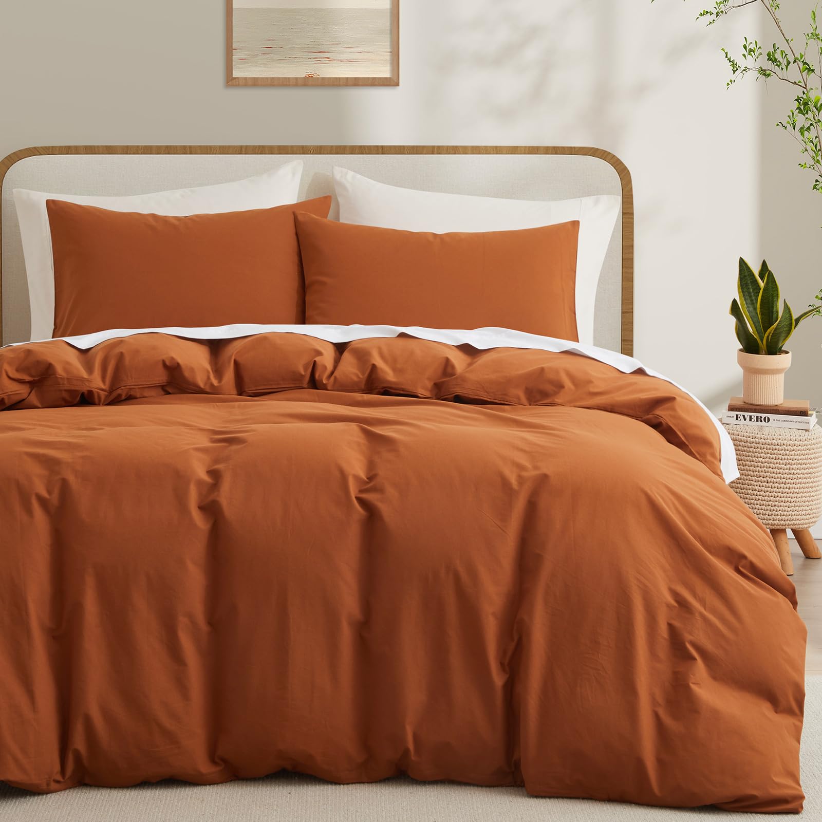 Lovque Burnt Orange Cotton Duvet Cover King Size, Linen Like Natural Bedding Set With Zipper Closure (No Comforter), 104X90 Inch