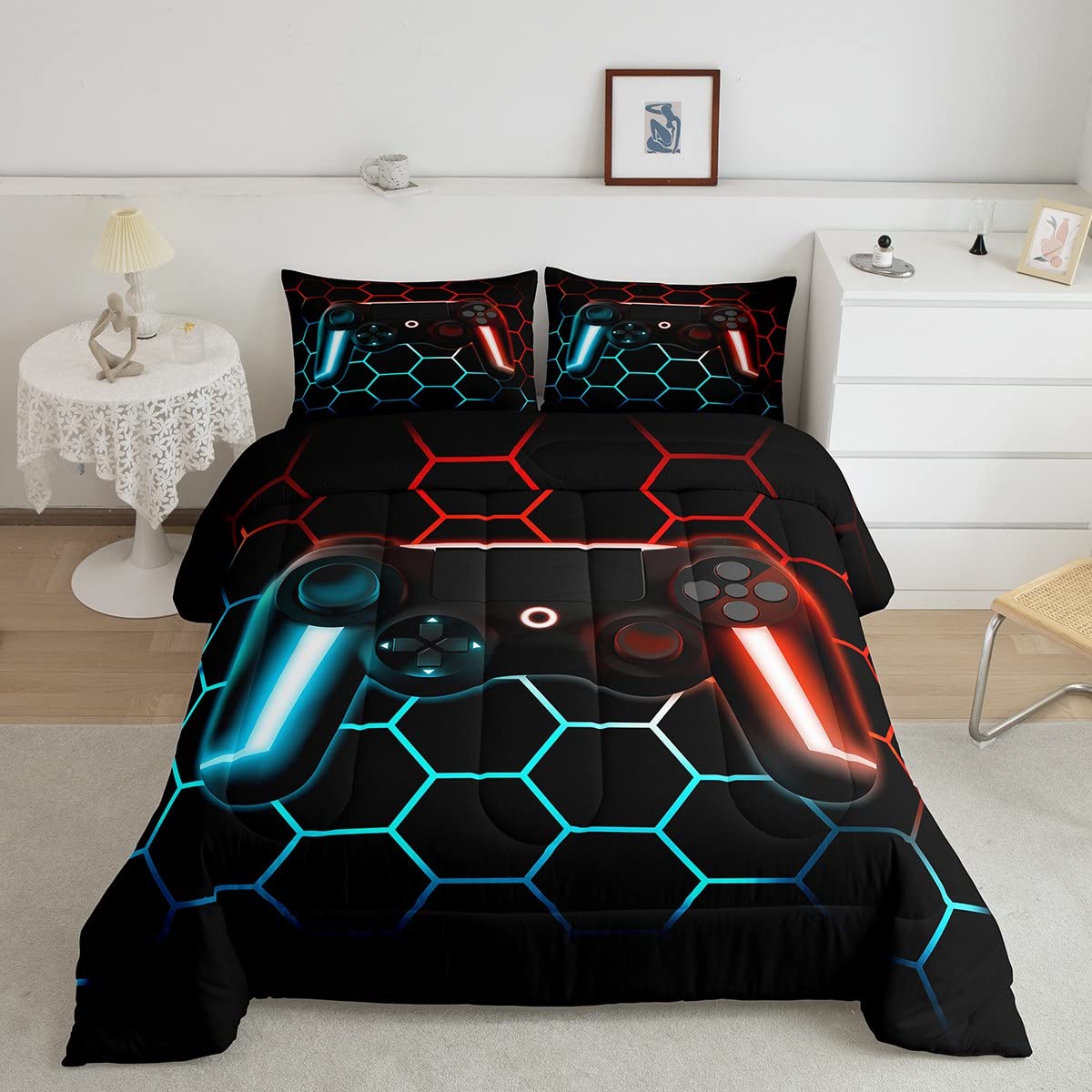 Gaming Bedding Sets Twin Size Gamer Comforter Set For Boys Girls Kids Teens Soft Microfiber Red Blue Geometry Honeycomb Down Com