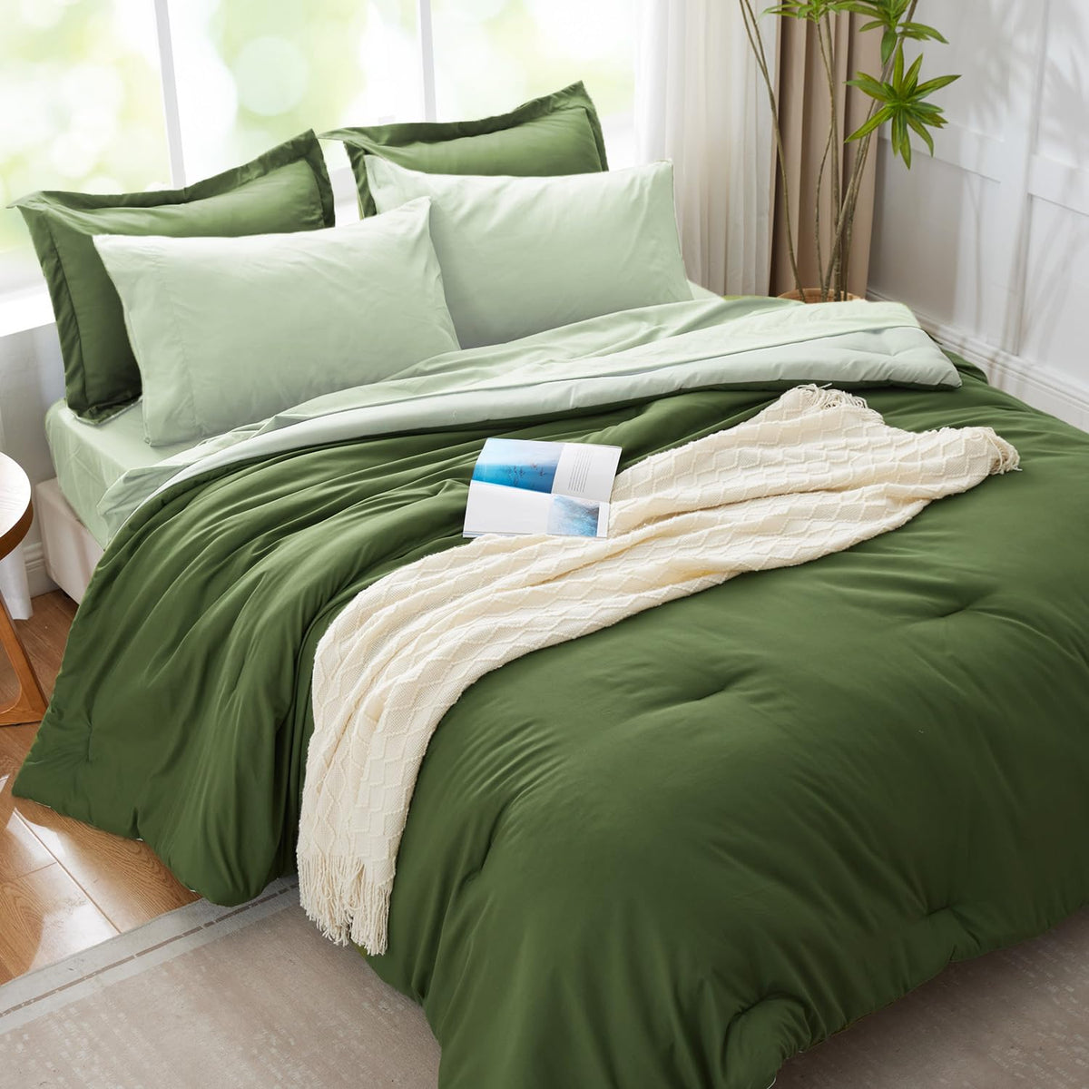 Kozyhvn Twin Xl Comforter Set 5 Pieces, Dark Green, Reversible Sage Green Bedding Set, Soft Bed In A Bag Twin Xl With Comforter,