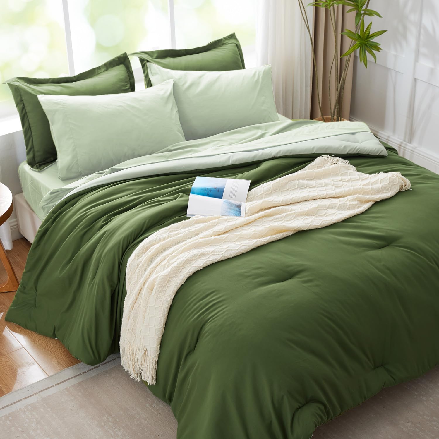Kozyhvn Twin Xl Comforter Set 5 Pieces, Dark Green, Reversible Sage Green Bedding Set, Soft Bed In A Bag Twin Xl With Comforter,