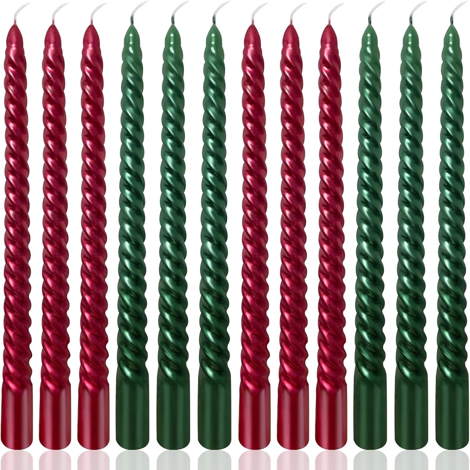 10 Inch Spiral Taper Candles Set for Christmas, 6 Green and 6 Burgundy Unscented Twisted Candlesticks, Dripelss Thin Tapered Can