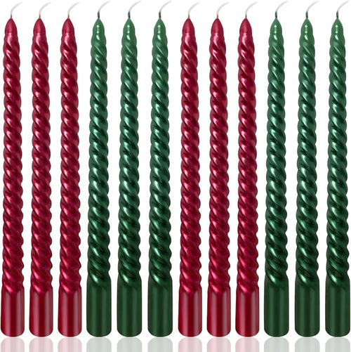 10 Inch Spiral Taper Candles Set for Christmas, 6 Green and 6 Burgundy Unscented Twisted Candlesticks, Dripelss Thin Tapered Can
