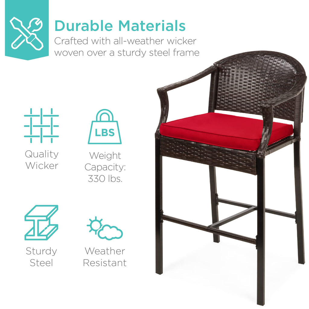 Best Choice Products 3-Piece Patio Bar Table Set, Outdoor Wicker Bar Height Bistro Furniture For Backyard, Poolside, Balcony W/Barstools, Cushions, Steel Frame - Brown/Red