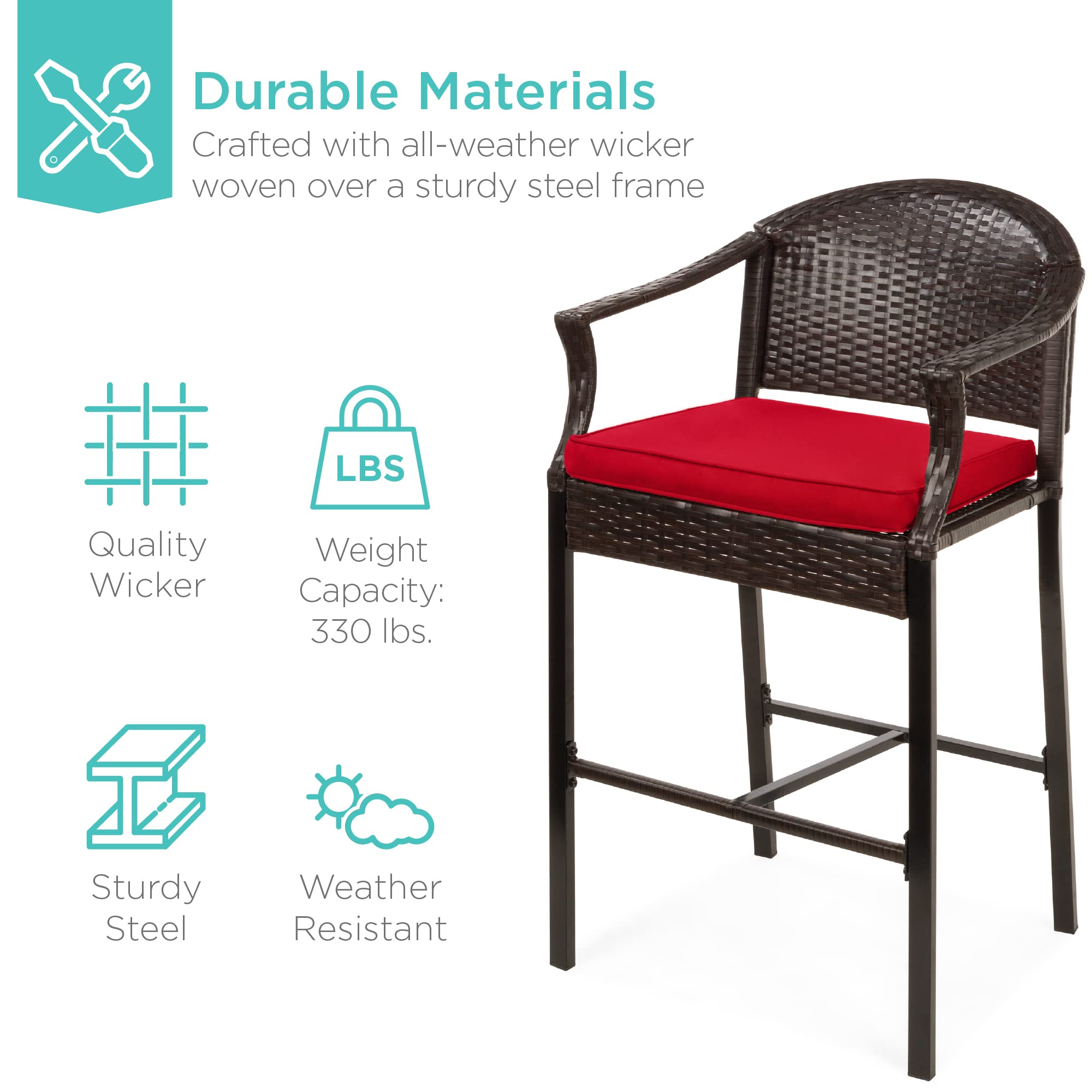 Best Choice Products 3-Piece Patio Bar Table Set, Outdoor Wicker Bar Height Bistro Furniture For Backyard, Poolside, Balcony W/Barstools, Cushions, Steel Frame - Brown/Red