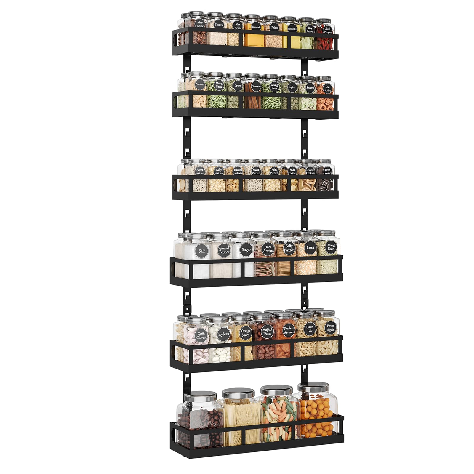 X-cosrack 6-Tier Wall-Mounted Spice Rack Organizer with Mixed Basket Sizes, Height-Adjustable Hanging Spice Shelf for Kitchen Pa