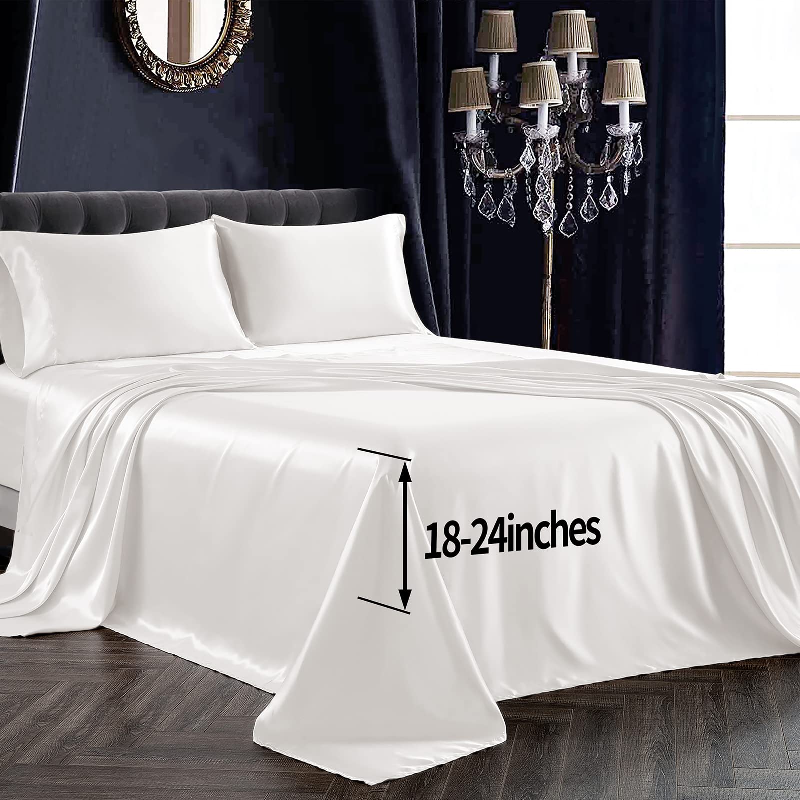 Siinvdabzx 4Pcs Satin Sheet Extra Deep Pocket Queen Size, Ultra Silky Soft Ivory White Satin Queen Bed Sheets Deep Fitted Sheet