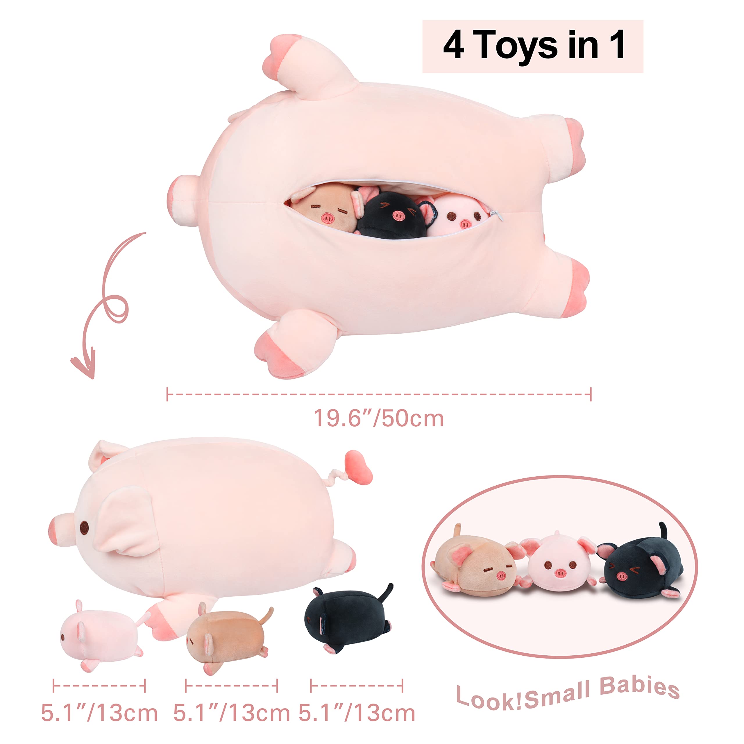 Achwishap Pig Stuffed Animal Mommy 19.6    With 3 Pig Plushies,4 Pcs Cute Pig Plush Pillow,Kawaii Toys Soft Hugging Pillow For K