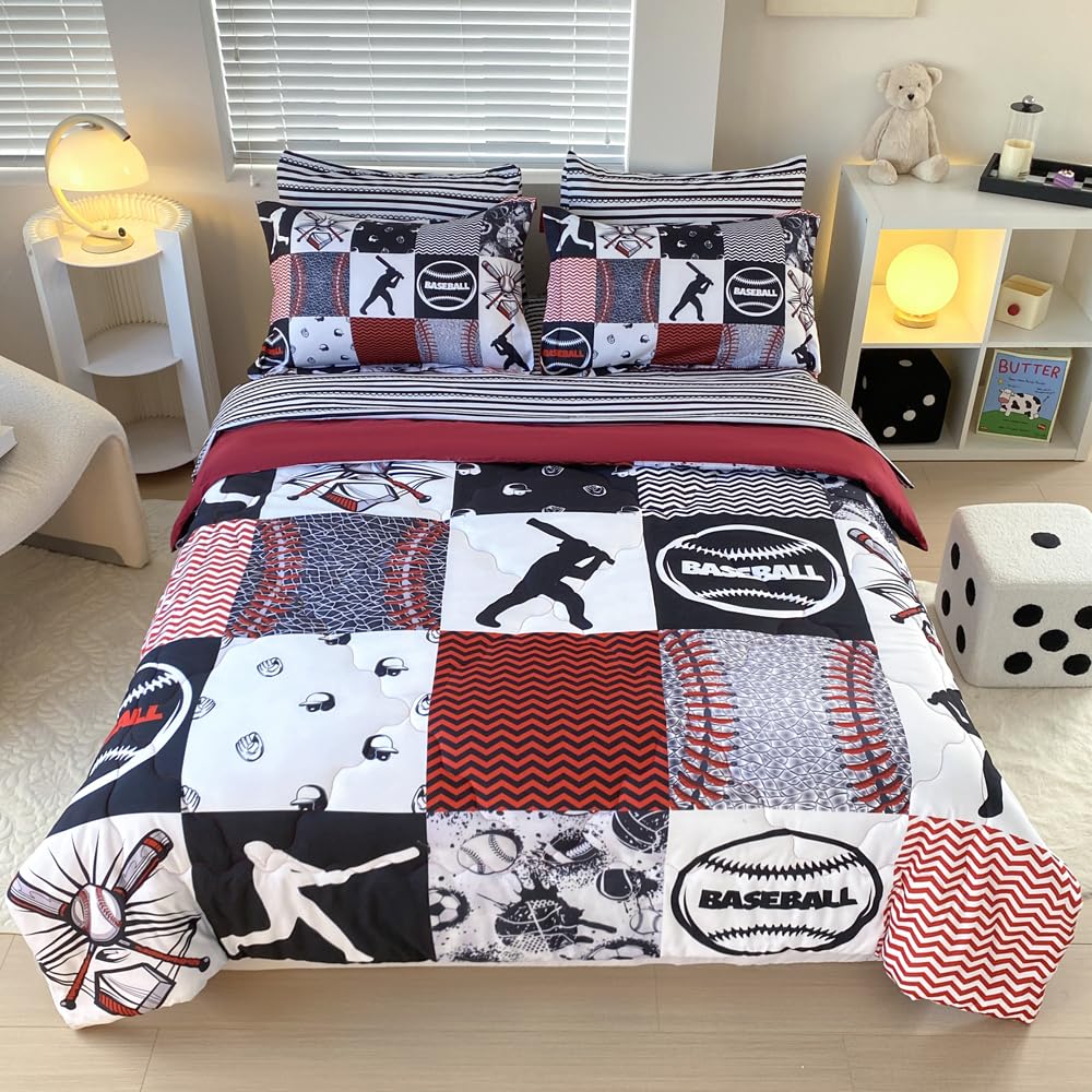 Gusuhome 7 Piece Baseball Comforter Set Bed In A Bag Full Size 3D Softball Sports Bedding Set For Boys Kids Microfiber Comforter