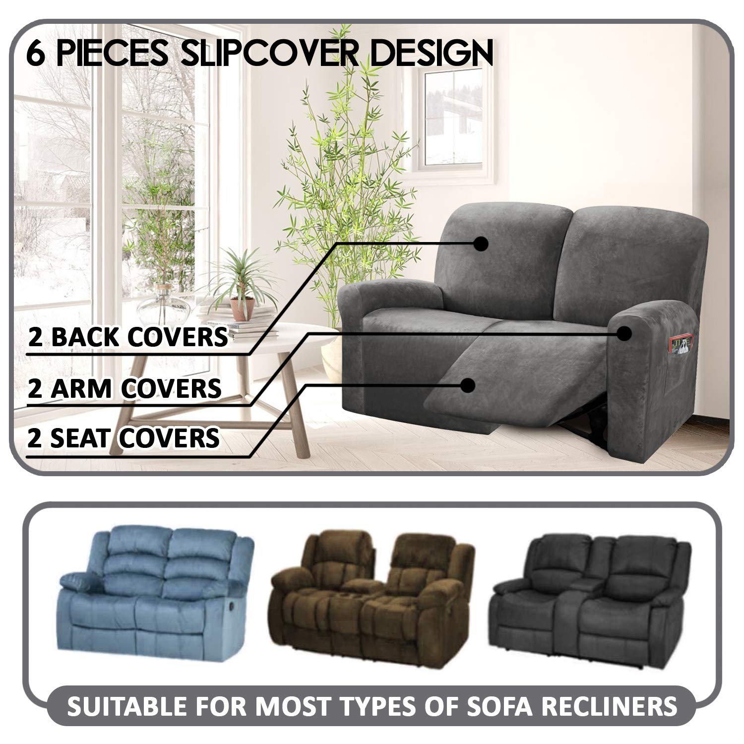 Ulticor Reclining Love Seat Slipcover, 48' - 65' L, 6-Piece Velvet Stretch Loveseat Reclining Sofa Covers, 2 Seat Love Seat Recliner Cover, Thick, Soft, Washable (Dark Grey)