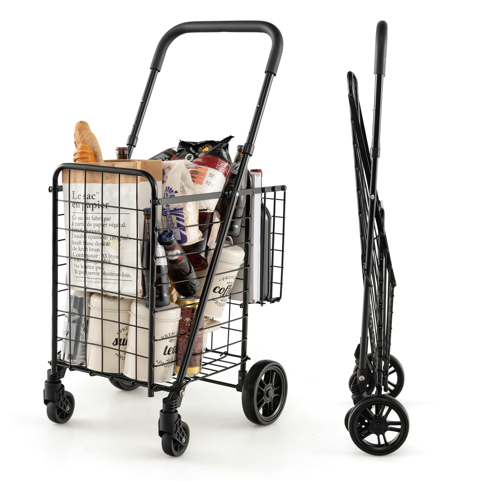 Goplus Folding Shopping Utility Cart, Double Basket And 360° Swivel Wheels, Adjustable Handle, Small Cart Perfect For Grocery Laundry Book Luggage Travel