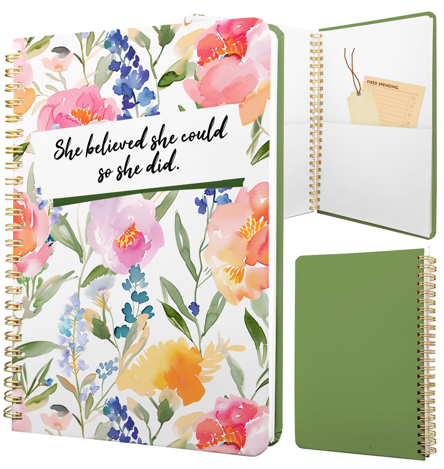 Stanoha Cute Spiral Notebook Journal A5 Aesthetic Pretty Floral Design For Women Girls Kawaii With Pocket, 8.5 X 5.7 Inch, Flowe