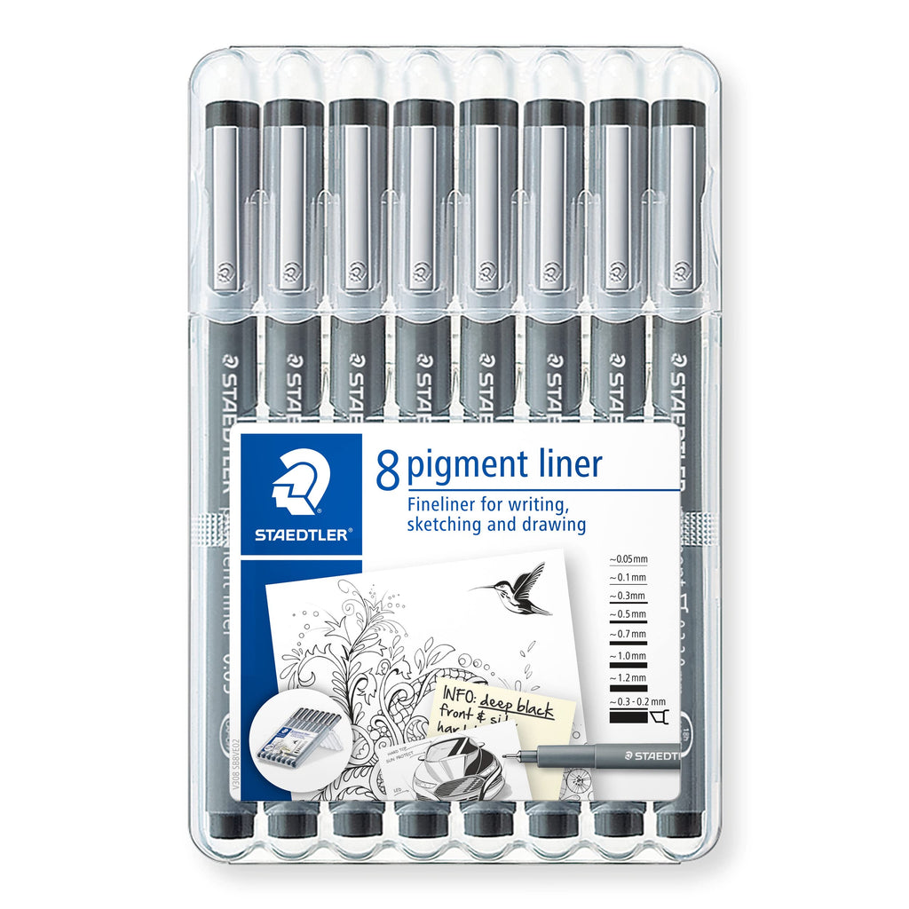 Staedtler 308 Sb8 Pigment Liner Pens - Assorted Line Widths, Black (Set Of 8)