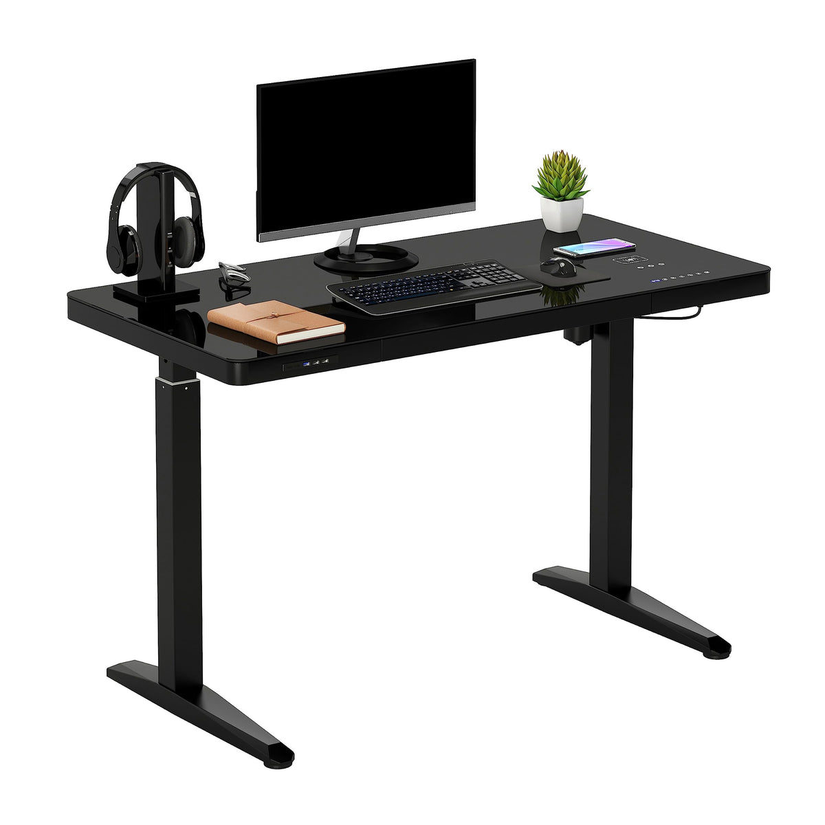 Techni Mobili Electric Standing Desk with Adjustable Height Up to 46.5 In – Computer desk with storage, Bluetooth Speaker, wireless charging & USB ports – 3 Memory Presets with Smooth Movement – Black