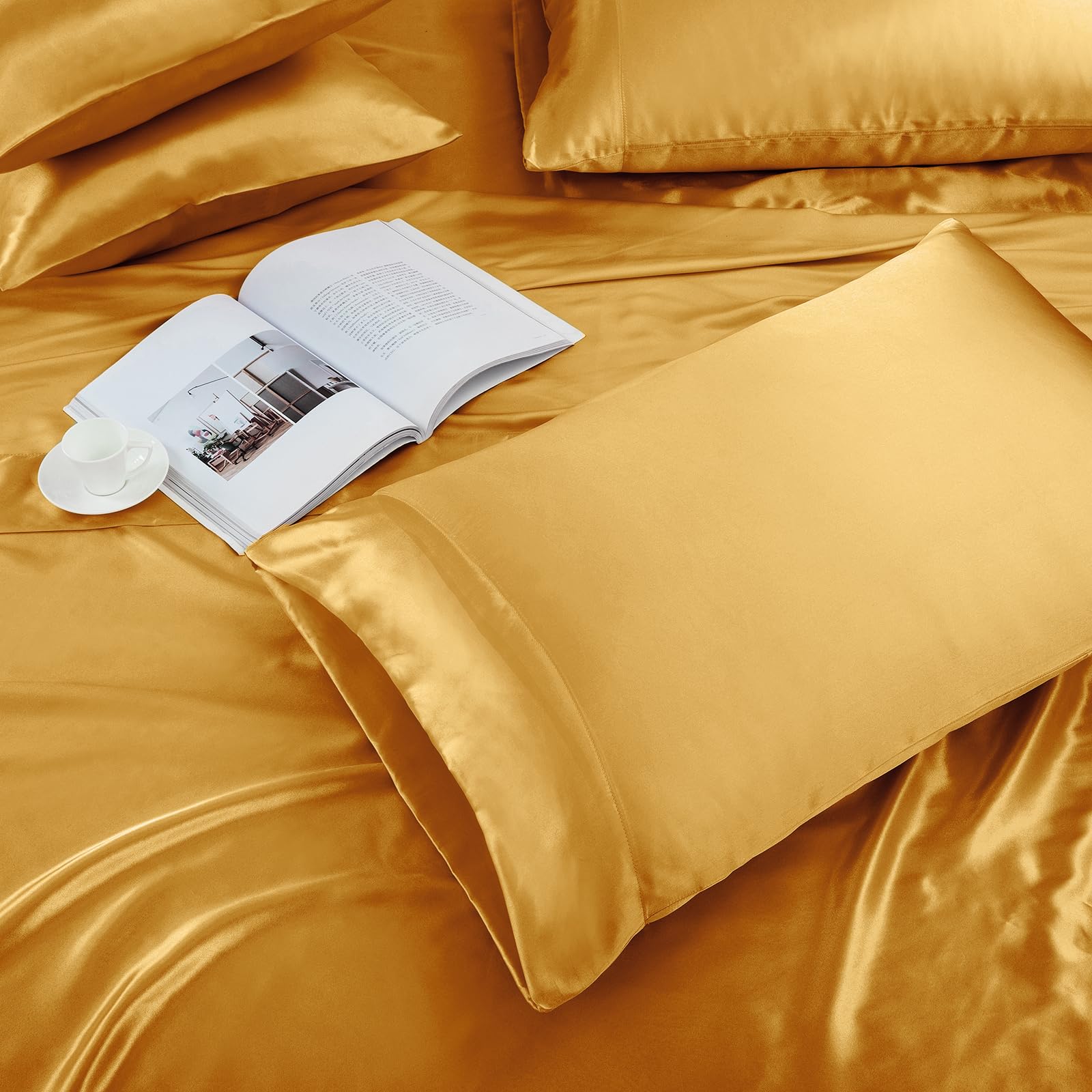 Treely 6 Piece Satin Sheets Queen Size Silky Smooth Gold Satin Sheet Set With Deep Pocket, Satin Fitted Sheet, Flat Sheet, 4 Sat