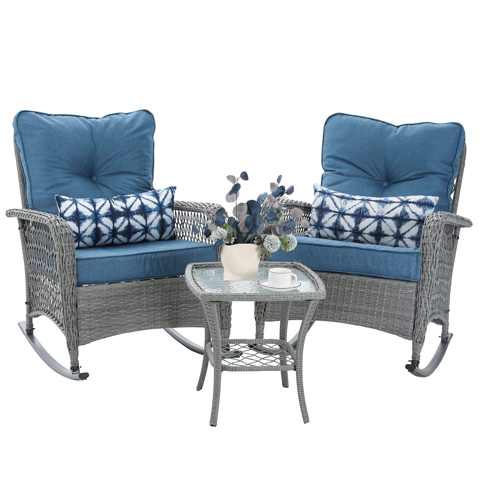 Vonzoy Patio Furniture Set 3 Pieces, Wicker Rocking Bistro Set With Thick Cushions, Outdoor Rocker Chairs And Coffee Table For P
