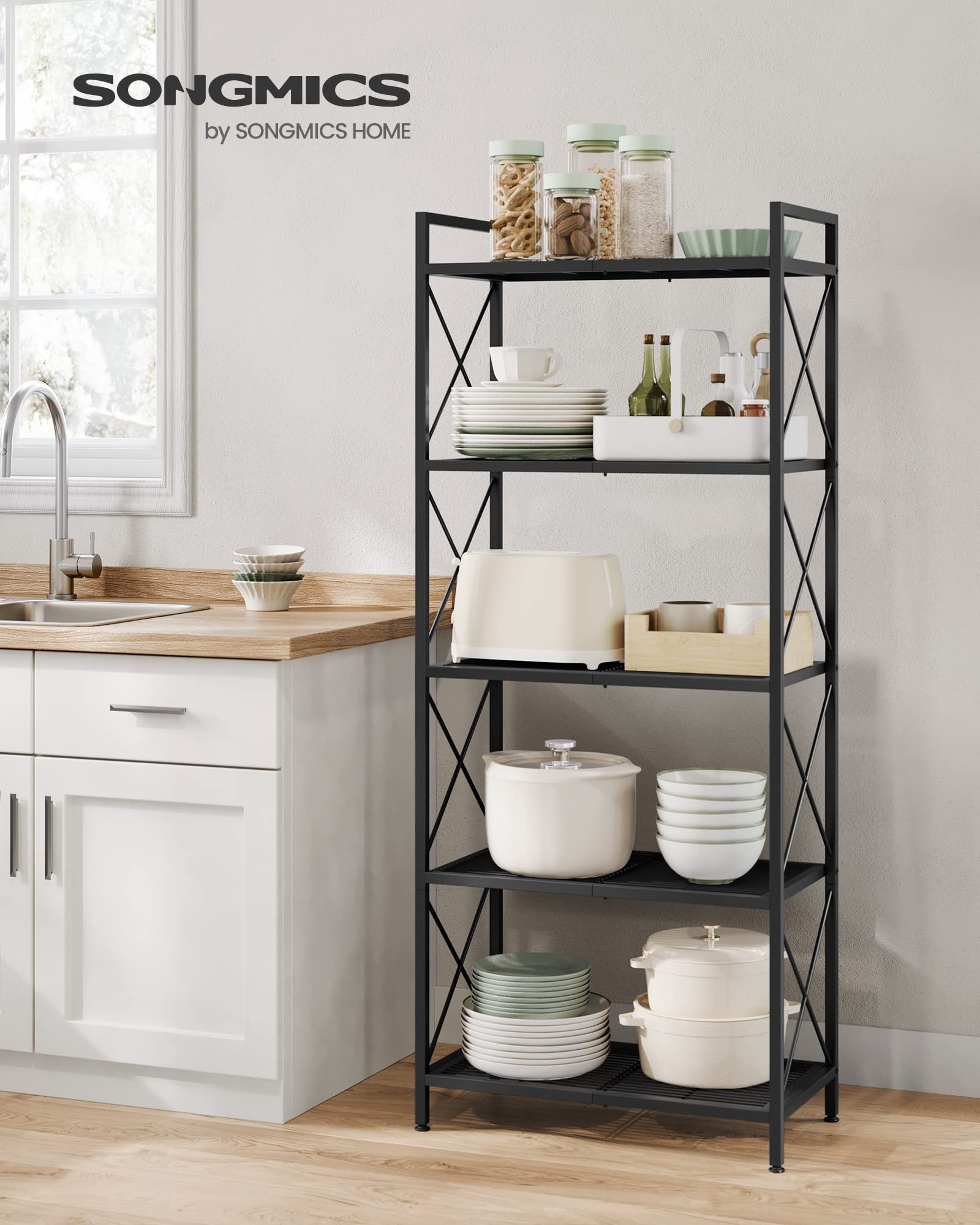 Songmics 5-Tier Metal Storage Rack, Shelving Unit With X Side Frames, Dense Mesh, 12.6 X 23.6 X 57.3 Inches, For Entryway, Kitchen, Living Room, Bathroom, Industrial Style, Ink Black Ubsc165B01