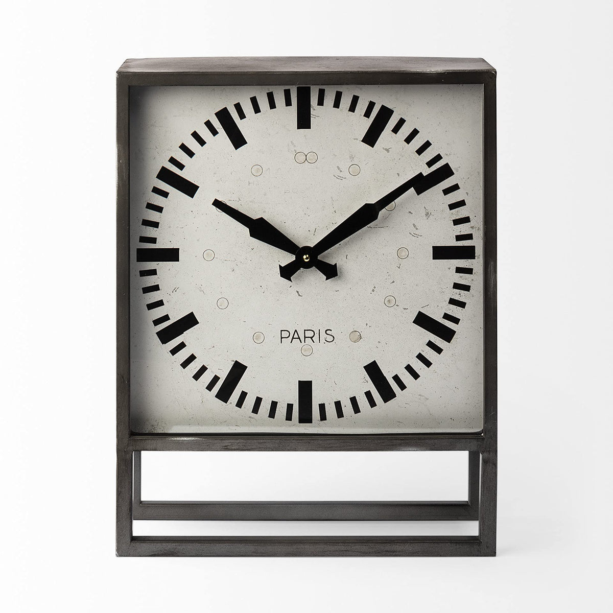 HomeRoots Metal, Other Square Gray Metal Desk Table Clock with Simple White and Black face