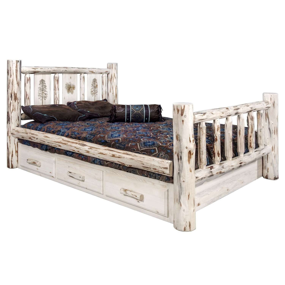 Montana Woodworks Pine Design Laser Engraved Storage Bed (Cal King:98 in. L x 76 in. W x 47 in. H (396 lbs.))