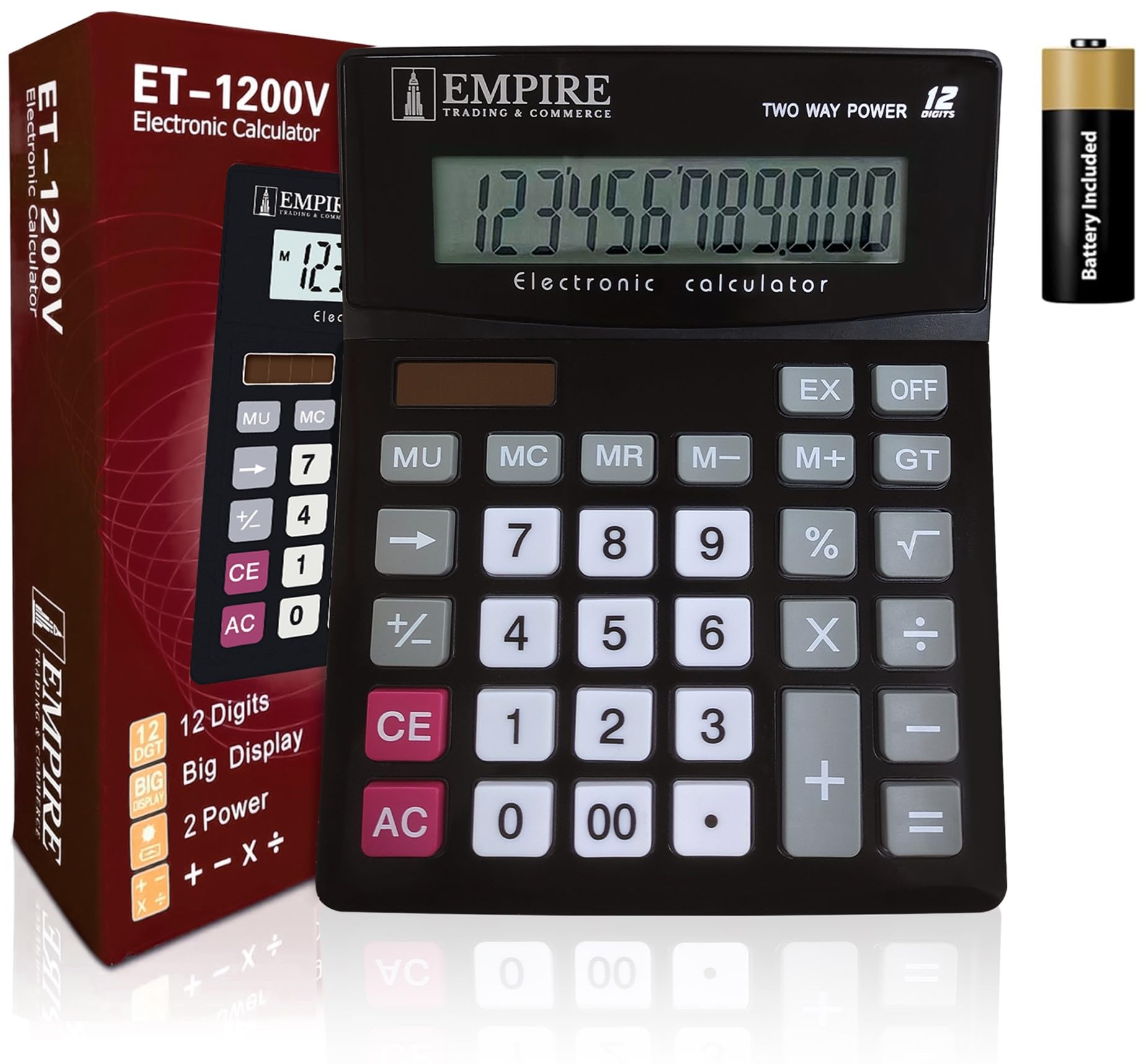 Empire Desk Calculator With Large Key Buttons, 12 Digits, Large Eye-Angled Display, Solar And Battery Powered For Home And Offic