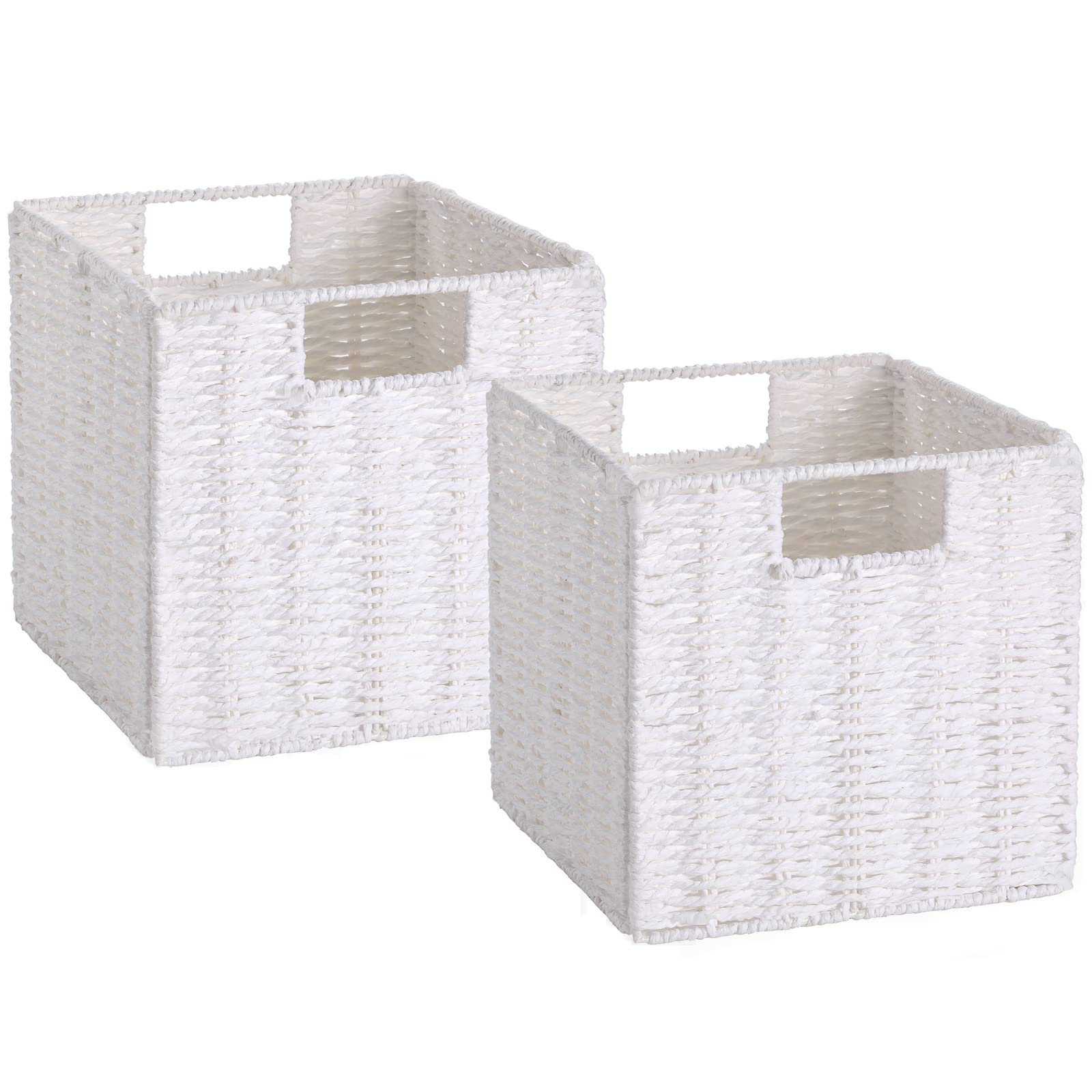 Vagusicc Wicker Storage Baskets, Set of 2 Hand-Woven Paper Rope Storage Baskets, White Foldable Cube Storage Bins Organizer 9 x 