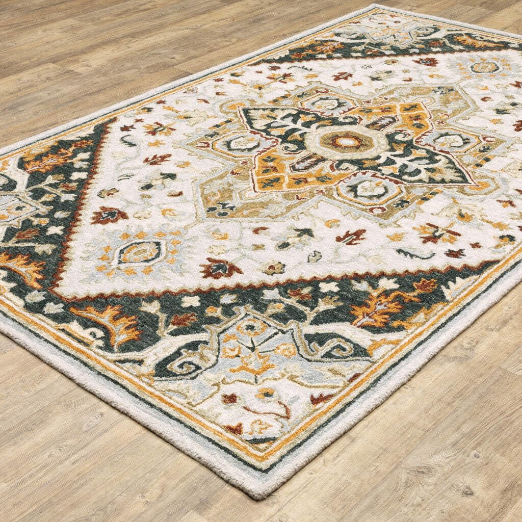 HomeRoots 508109 10 x 13 ft. Ivory Charcoal Gold Clay & Muted Blue Oriental Hand Tufted Handmade Stain Resistant Rectangle Area Rug