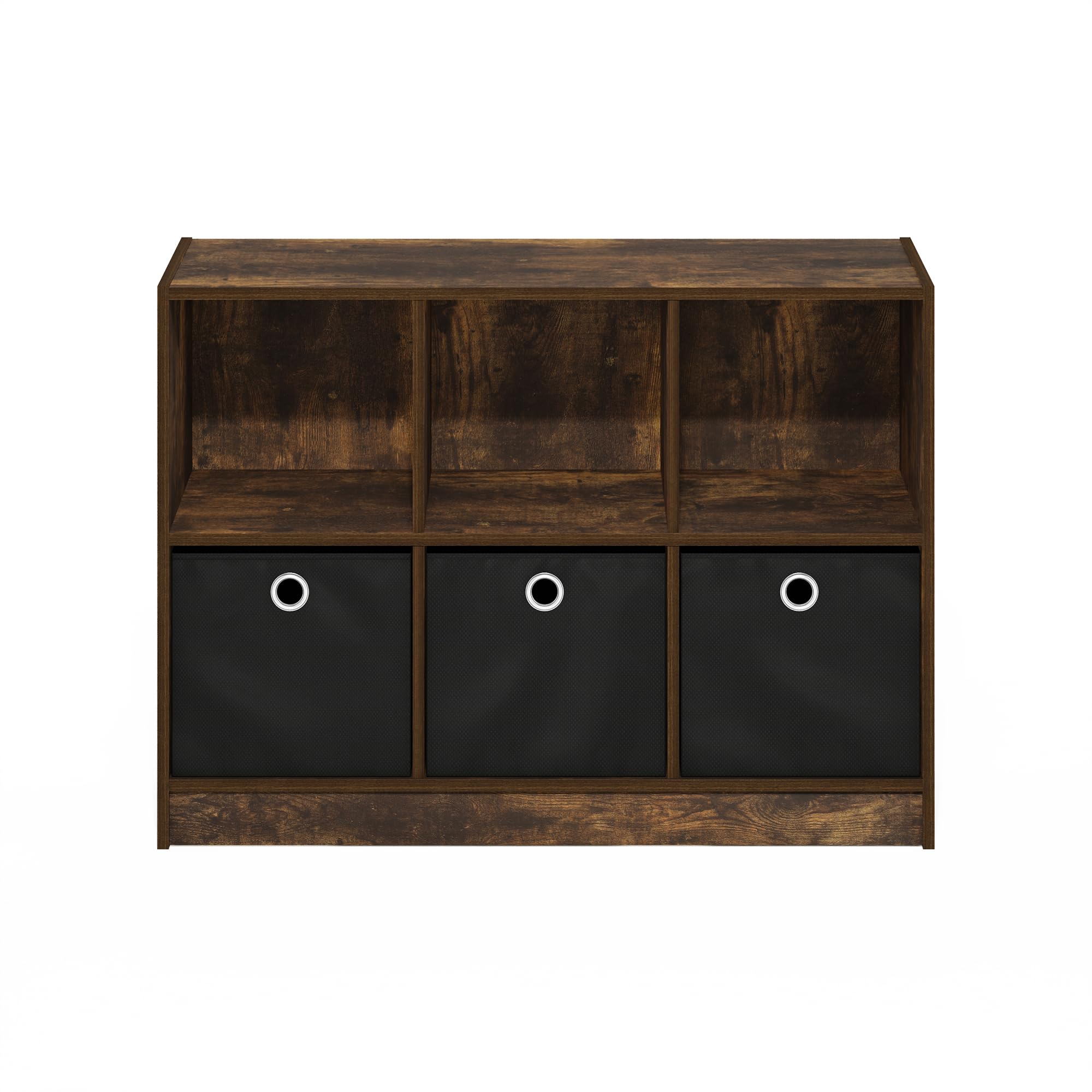 Furinno Basic 3x2 Bookcase Storage w/Bins, Amber Pine/Black