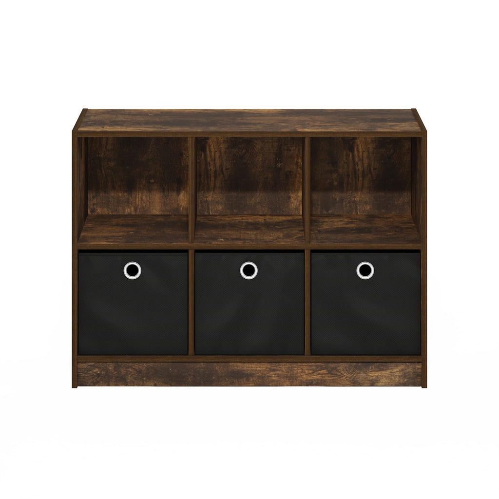 Furinno Basic 3x2 Bookcase Storage w/Bins, Amber Pine/Black