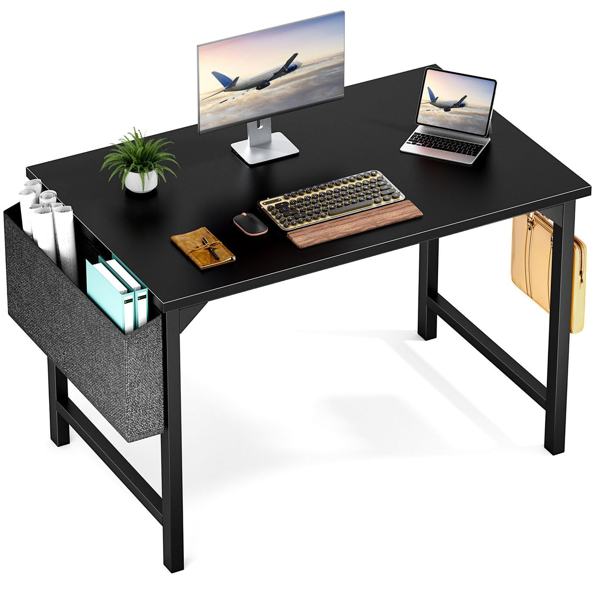 Olixis Computer Small Office Desk 40 Inch Writing Study Work With Storage Bag, Headphone Hooks, Home Simple Modern Wood Kids Student Table, Black