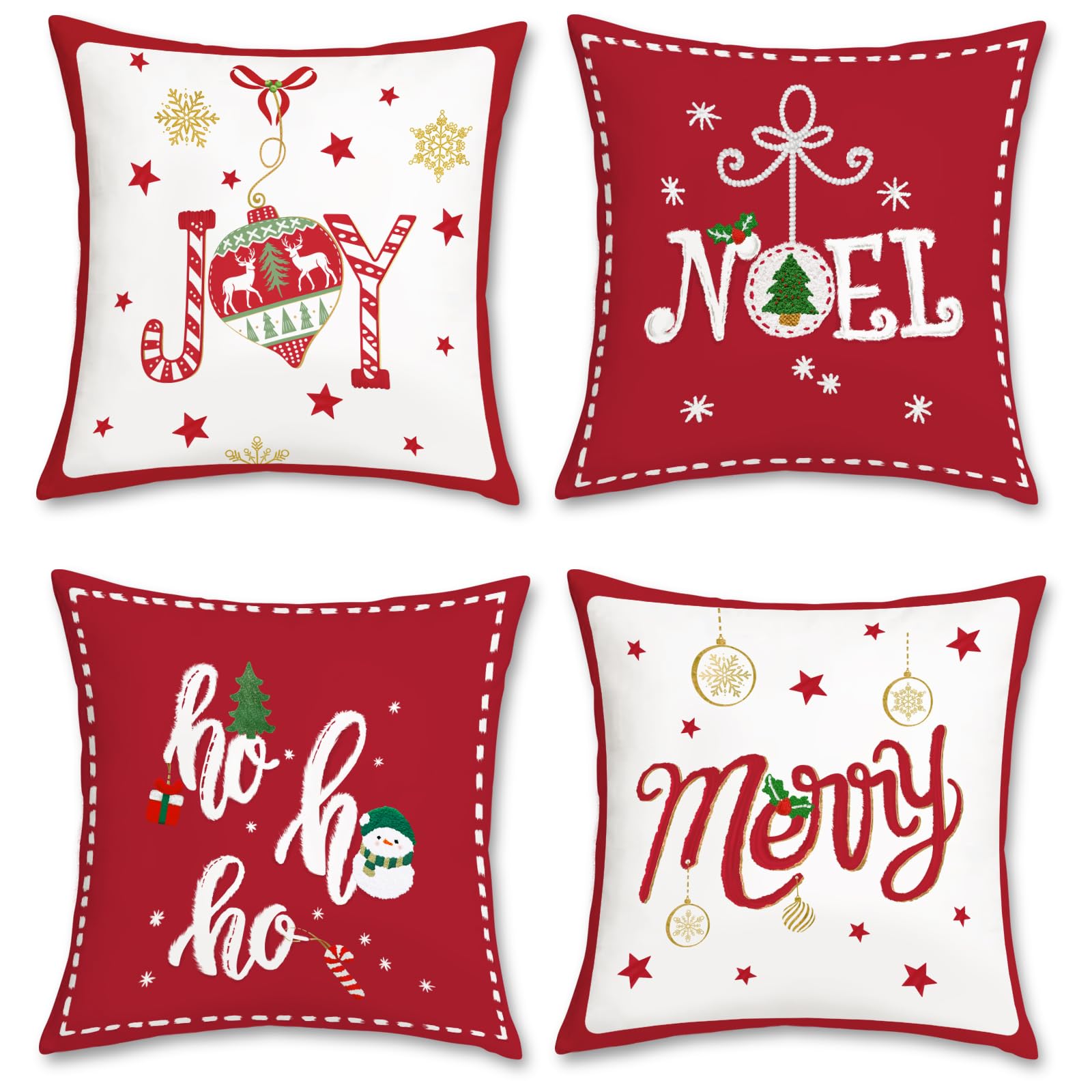 Bonhause Red Christmas Throw Pillow Covers 18X18 Inch Xmas Hoho Joy Decorative Pillows For Couch Sofa Bed Home Holiday Decor Set