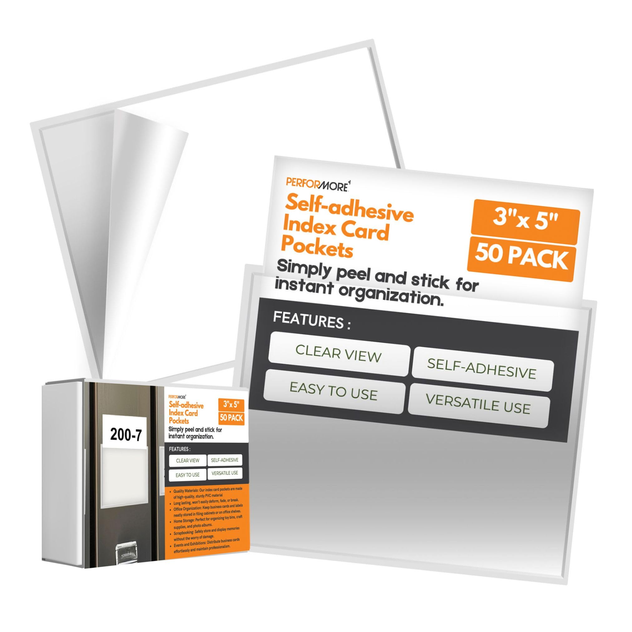 Performore 50 Pack Self-Adhesive Index Card Pockets, 3 X 5 Top Loading Plastic Protector, Clear Plastic Label Holder For Storage