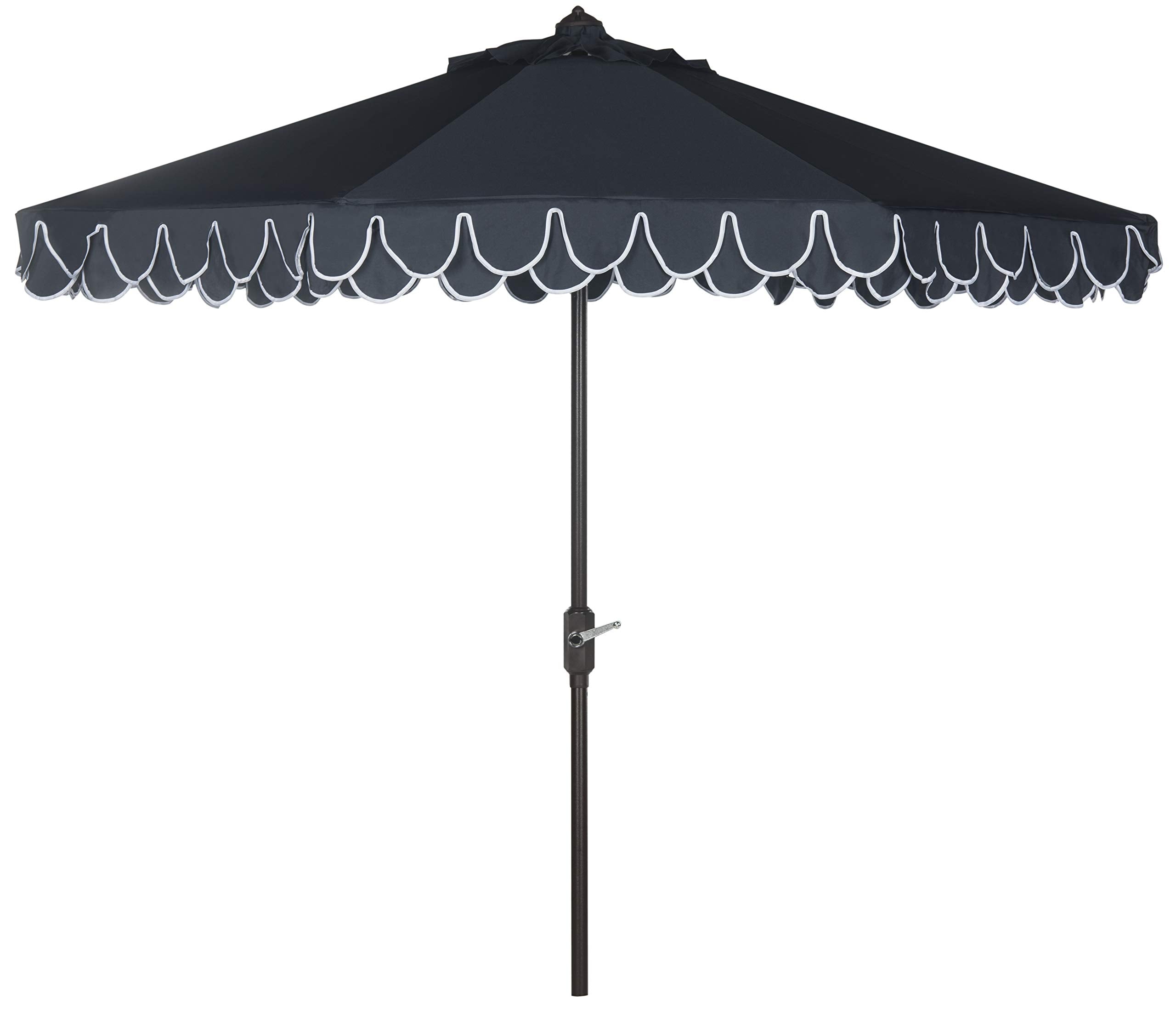 SAFAVIEH 9ft Outdoor Patio Umbrella, Round, Valance, Navy & White Trim, Auto Crank Tilt, UV Resistant for Deck, Backyard, Poolsi