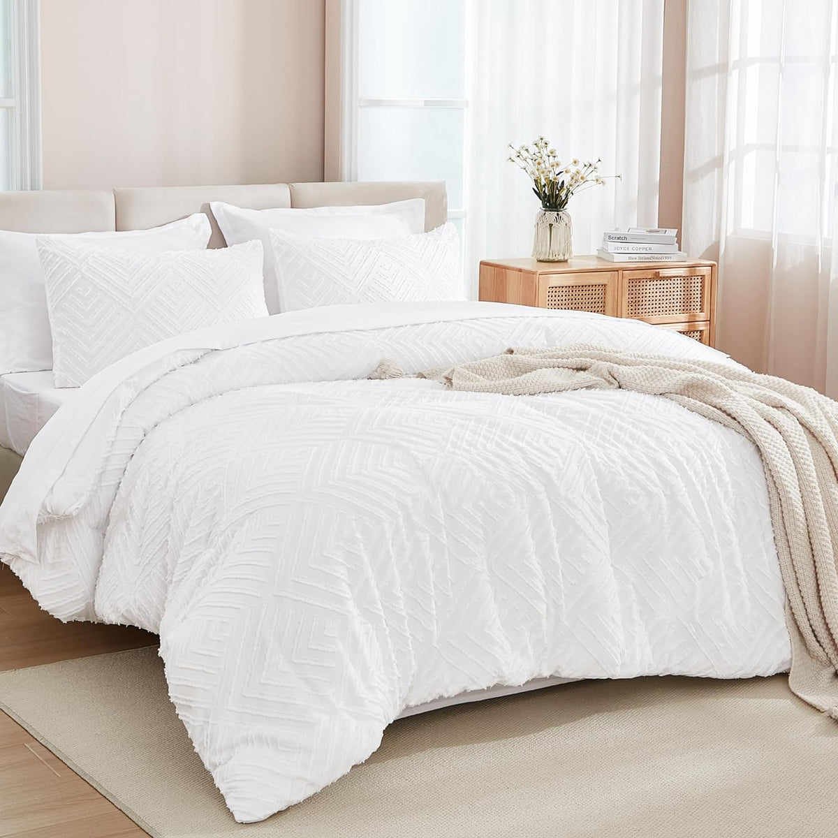 Andency California King Size Comforter Set With Sheets White - 7 Pieces Bed In A Bag Cal King Boho Tufted Lightweight Beddding S