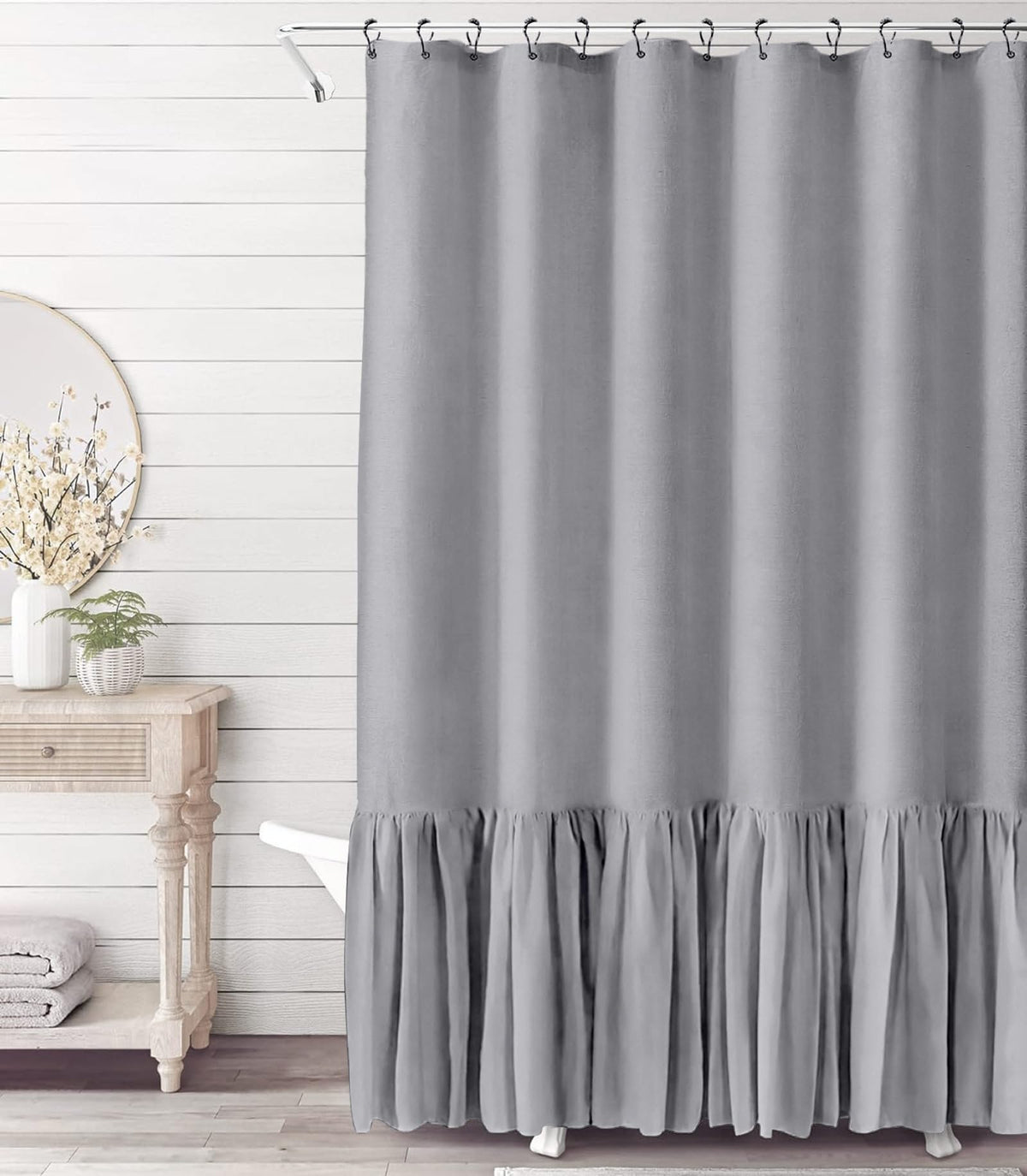 Grey Farmhouse Shower Curtain For Bathroom A Ruffle Hem Linen And Cotton Woven Fabric Country Rustic Style Shower Curtain Set Gr