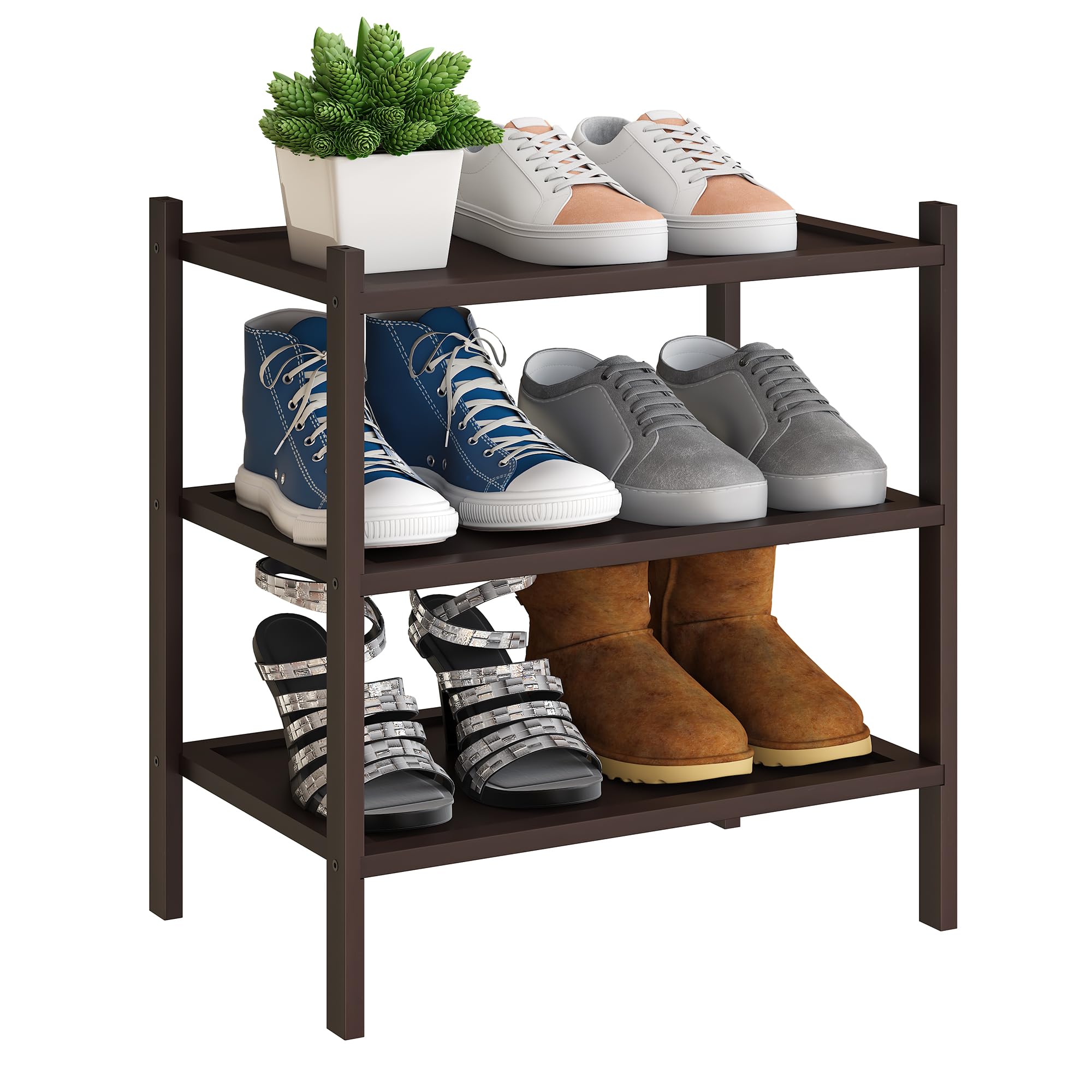 Bmosu 3-Tier Bamboo Small Shoe Rack Premium Stackable Shoe Shelf Storage Organizer For Hallway Closet Living Room Entryway Organizer(Brown)