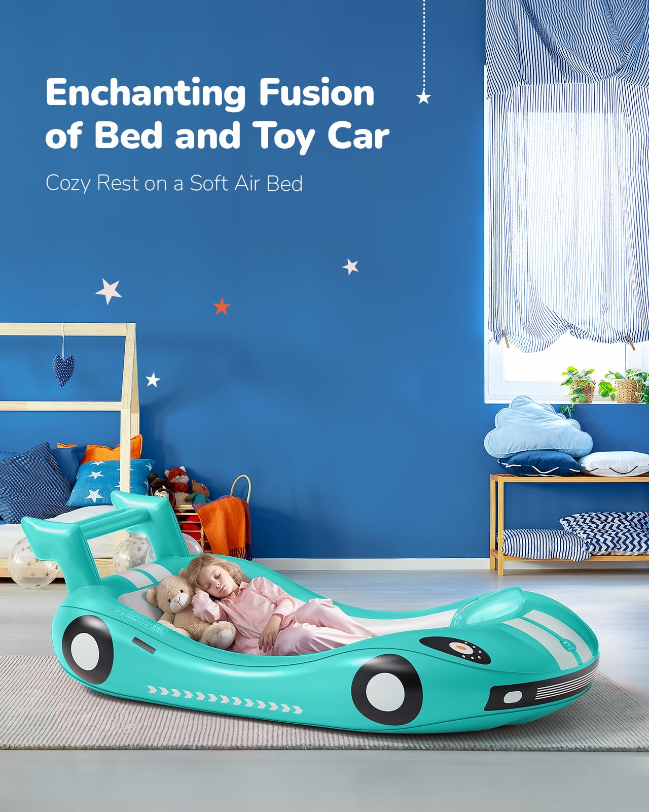 Qpau Inflatable Kids Bed, Toddler Travel Bed With Sides, For Camping, Traveling, Hotel, Or Home Use, Hand Pump Included (Cyan)