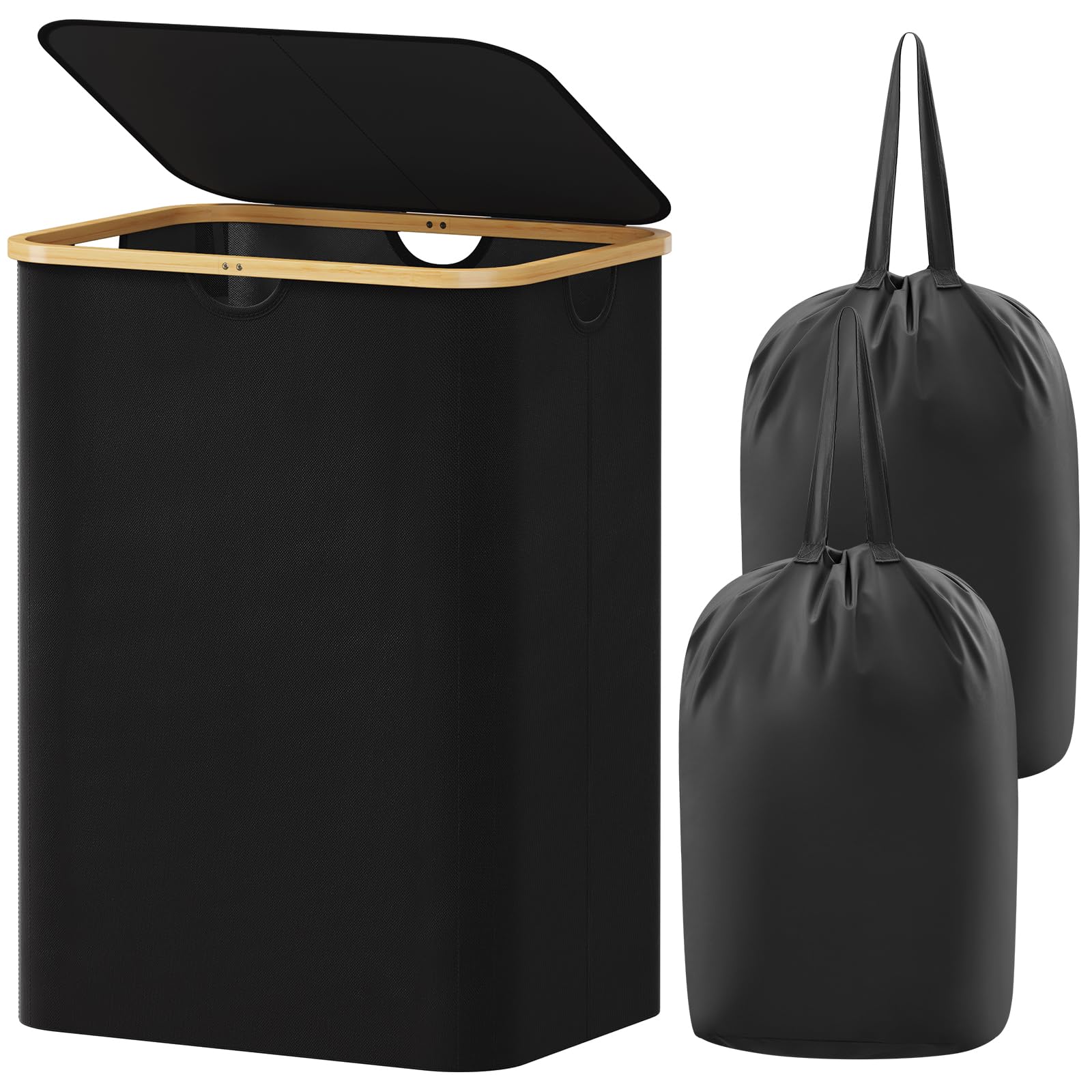 Lifewit 150L Laundry Basket with Lid, Clothes Hampers for Laundry with Bamboo Handles and 2 Removable Laundry Bags, Large Foldab