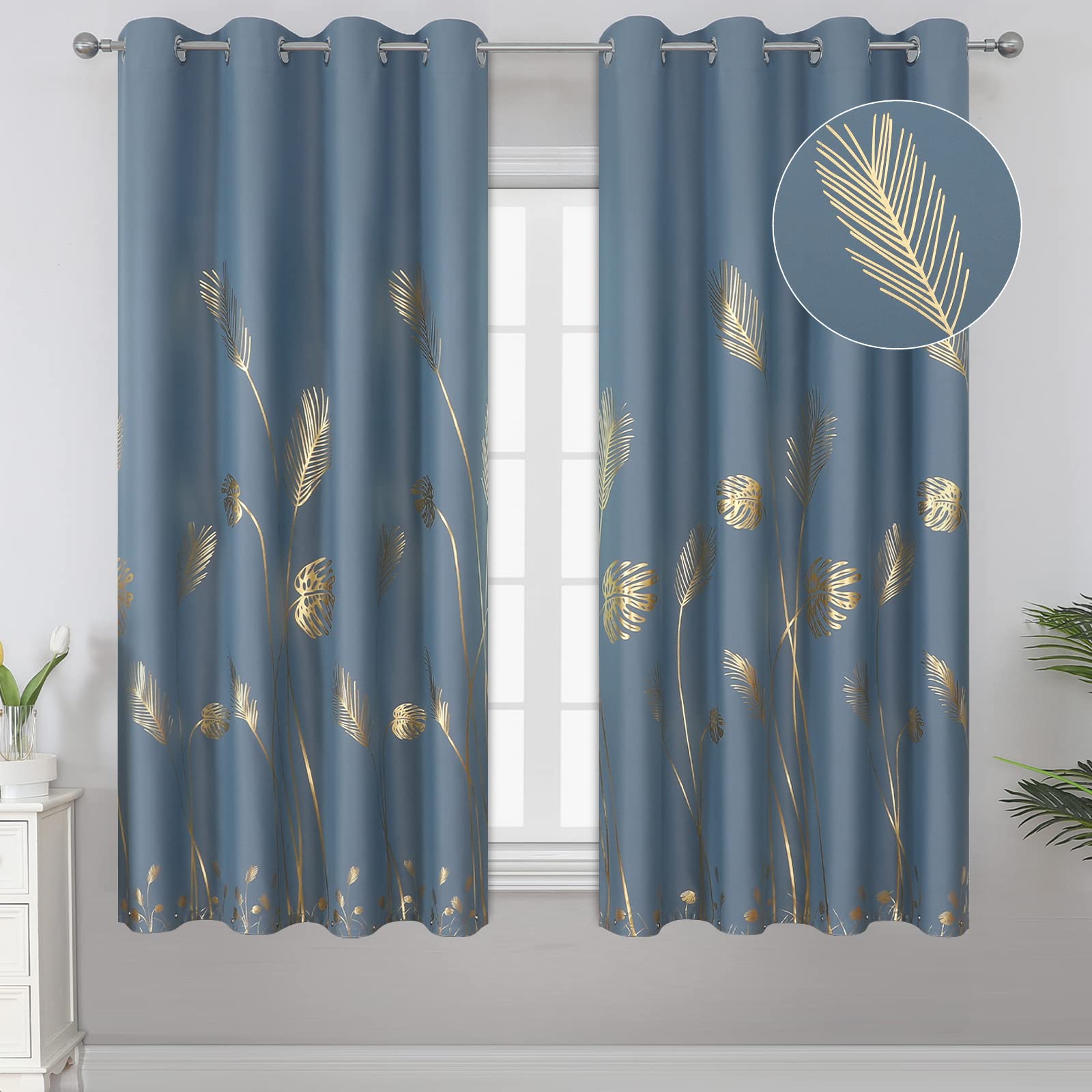 Estelar Textiler Stone Blue Blackout Curtains For Bedroom,Room Darkening Gold Palm Tree Pattern Curtains 63 Inch Length 2 Panels