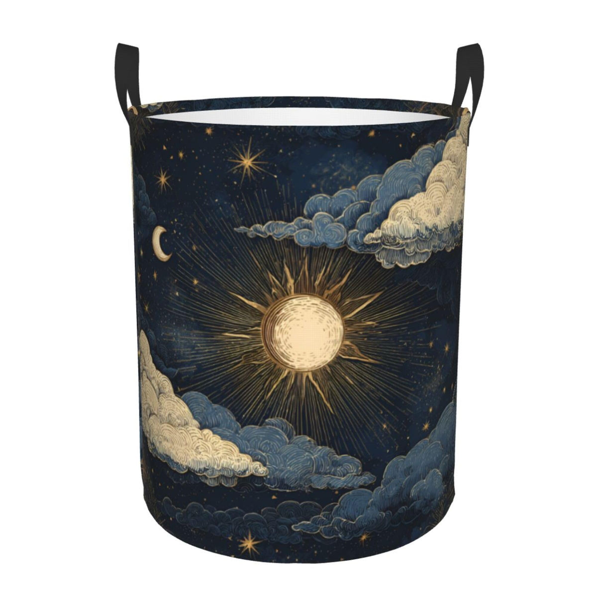 Laundry Hamper with Handles, Celestial Sun Moon Stars Design, Collapsible Storage Basket 19.6x15.7 Inch (Sun Moon Stars)