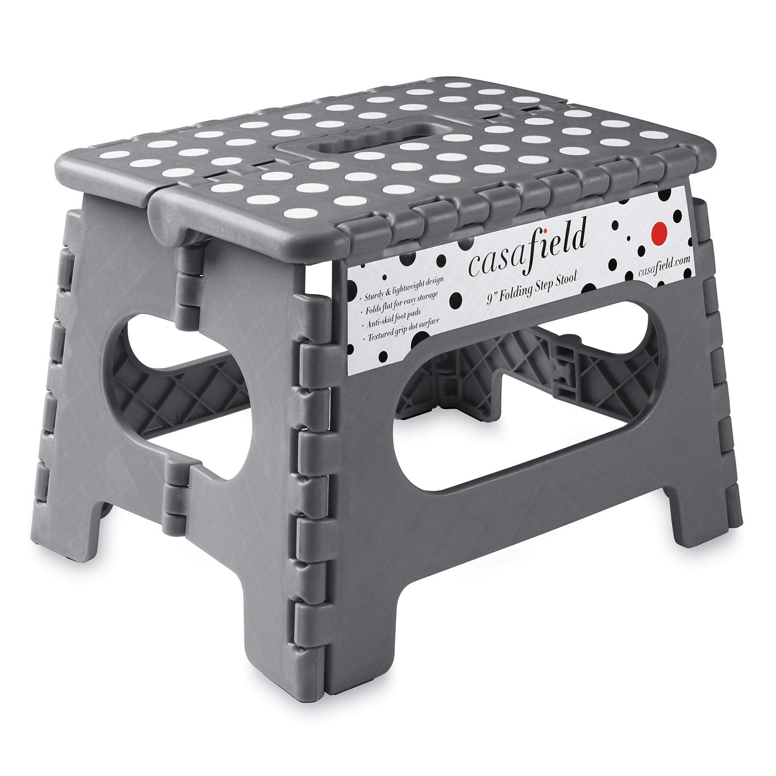 Casafield 9 Folding Step Stool with Handle, Gray - Portable Collapsible Small Plastic Foot Stool for Kids and Adults - Use in Th