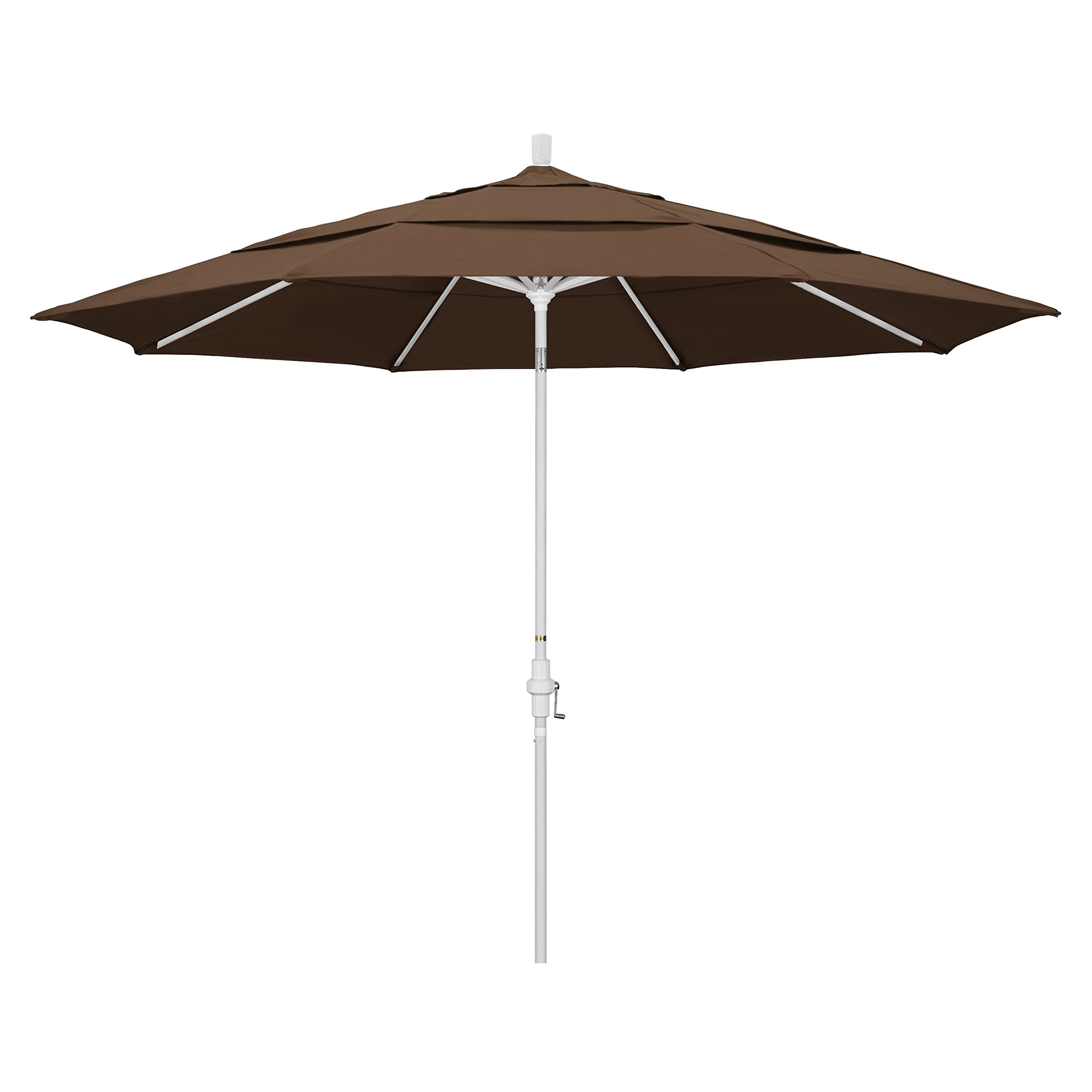 California Umbrella 11' Round Aluminum Market Umbrella, Crank Lift, Collar Tilt, White Pole, Sunbrella Cocoa