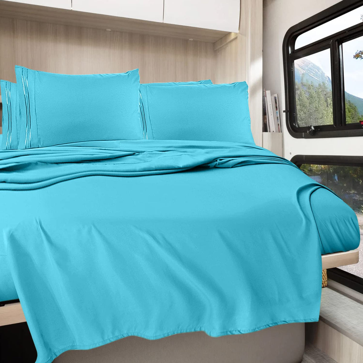 Clara Clark Rv Queen Sheets, 6 Piece Rv Sheets Set - Hotel Luxury Sheets For Rv Bunks, Super Soft Bedding Sheets & Pillowcases, Rv Short Queen Sheets, Beach Blue