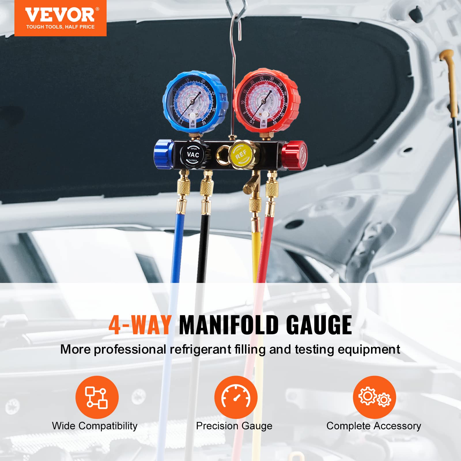 Vevor 4 Way Ac Gauge - Ac Manifold Gauge Set For R134A R22 R12 R410A Refrigerant, Freon Gauges With 5Ft Hoses, Couplers, Can Tap